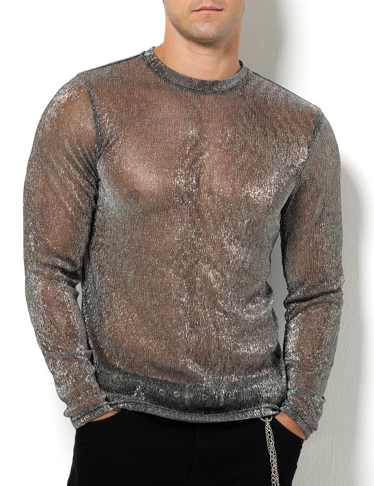 Casey Kevin Camiseta Transparentes Manga Larga Hombre Brillo Lentejuelas Rejilla Camisa Fiesta Plateada Brillante Ropa Sexy Top Fiesta Discoteca Punk Nocturno Jazz Rock Hip Hop Dance Clubwear