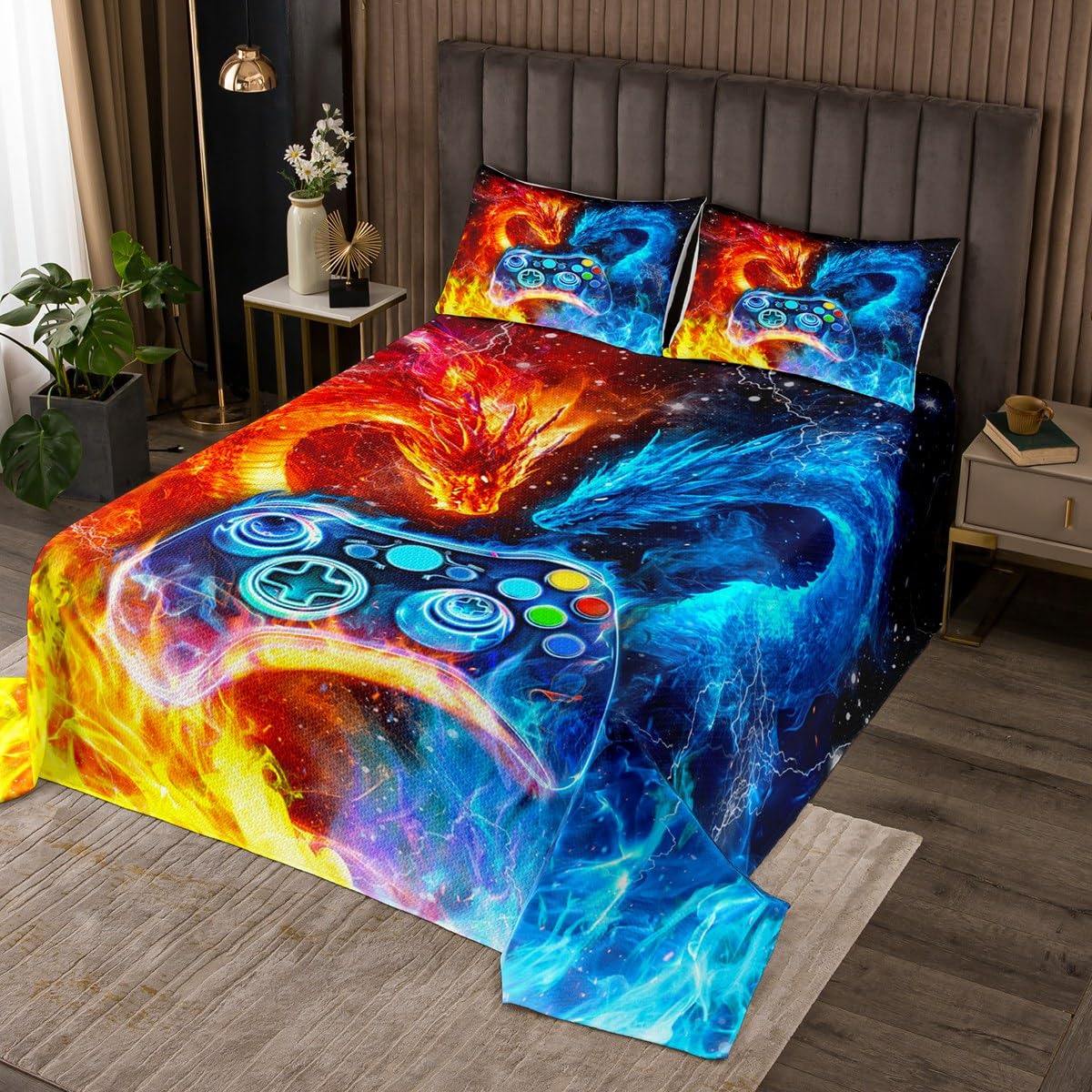 Feelyou Dragon Gaming Bedspread King Size, Kids Gamer Coverlet Set Gamepad Quilted Coverlet Ice Fire Dragon Quilted 3Pcs