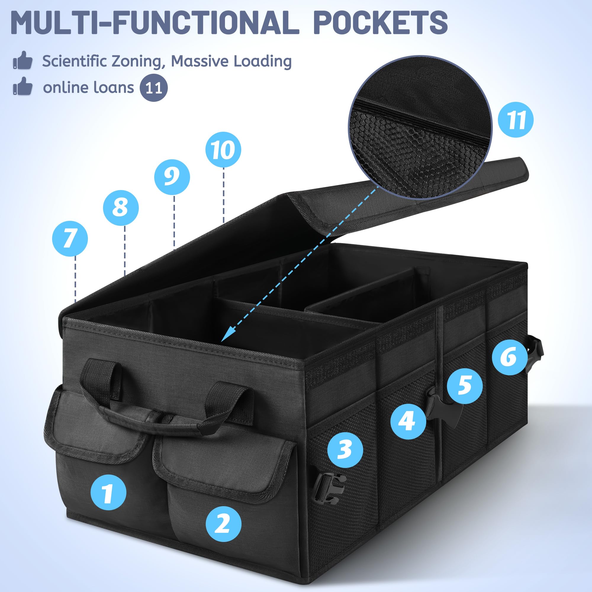 Organizer per bagagliaio di alta qualità con coperchio, stabile e antiscivolo, pieghevole, grande con doppio ripiano, organizer per bagagliaio (nero con bordo nero)