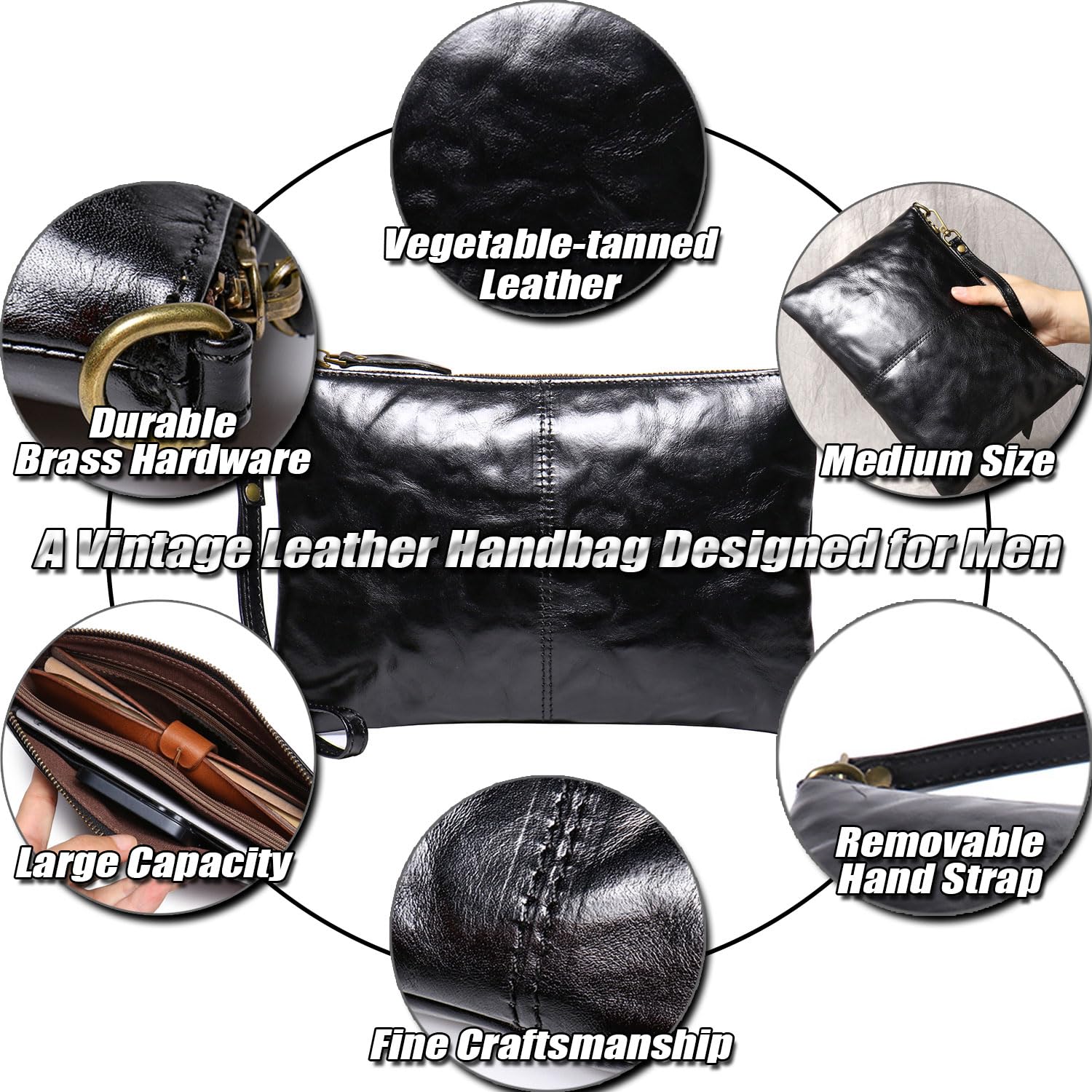 Pochette da Polso in Pelle Pieno Fiore per Uomo, Clutch Classica con Cinturino Staccabile, Borse Organizer in Vera Pelle da Uomo, Affari e Viaggi