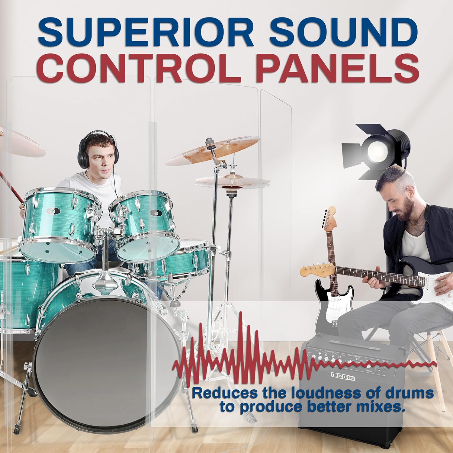 PENNZONI Drum Shield 6ft w/Plastic Hinges, Comes w/ 5 Drum Panels, & Plastic Hinges, Premium Clear Acrylic Panels, Drum Screen