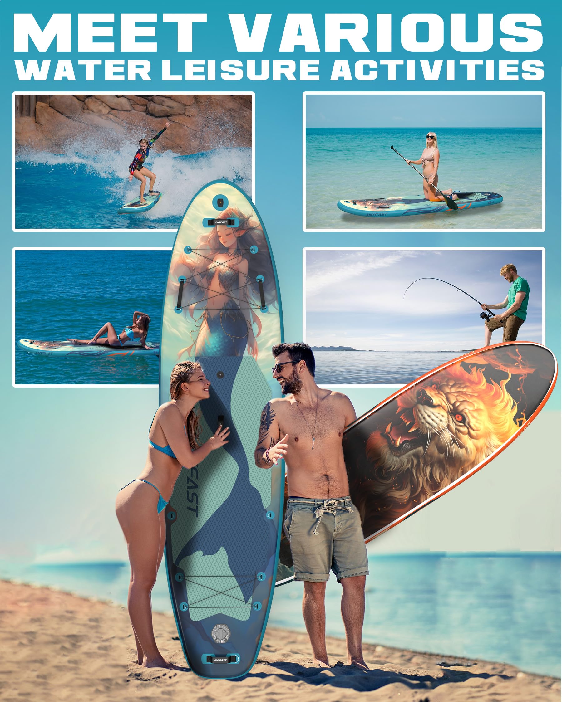 ANYFAST Inflatable Stand Up Paddle Boards - Extra Wide Fishing Paddleboard,Cool Design,Ultra Stable Standup SUP,15 D-Rings,5 Handles, Camera Mount,100L Backpack,10L Dry Bag, Youth/Adults