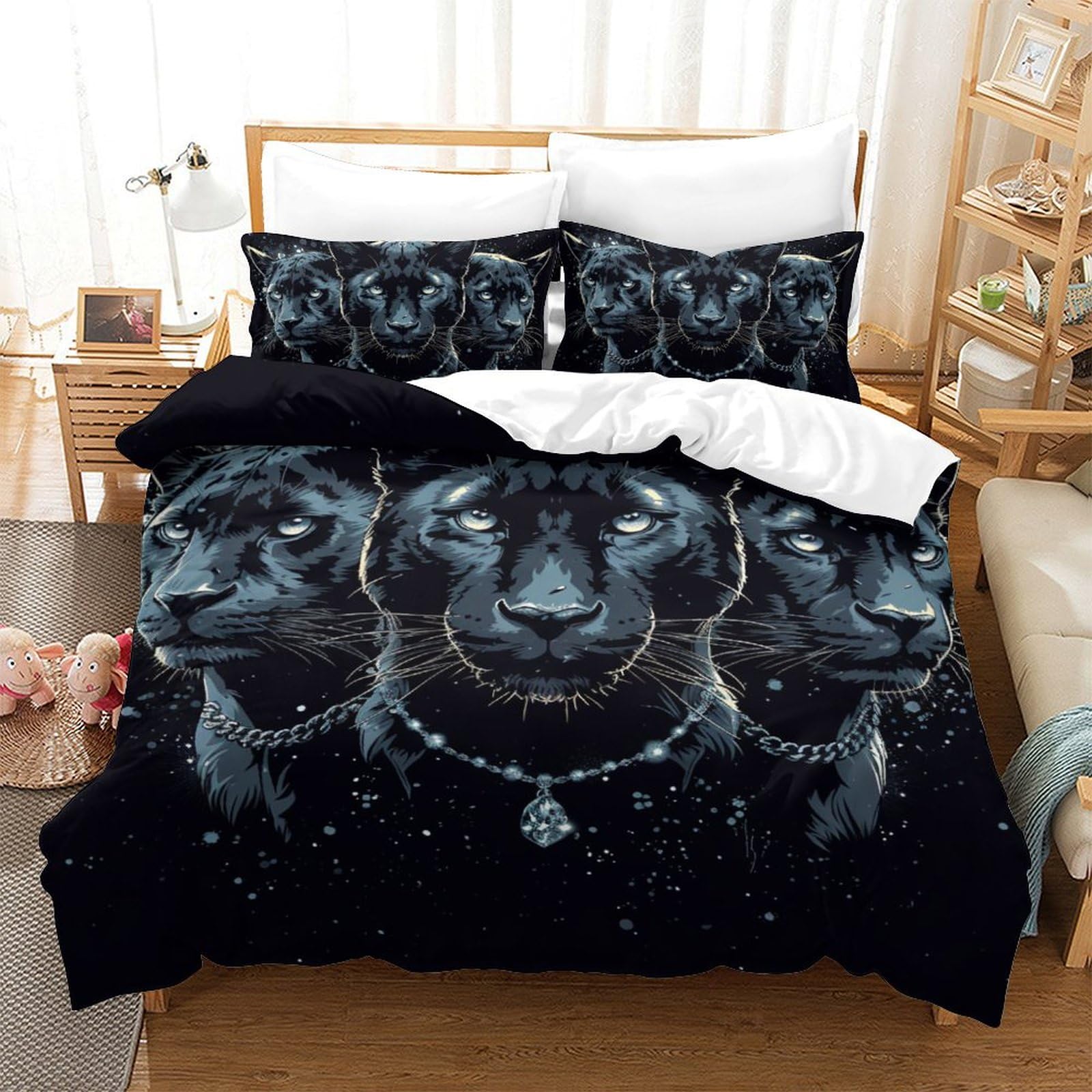 Housse de couette 200x200 Black Panther et parure de lit 3 pièces microfibre zippée