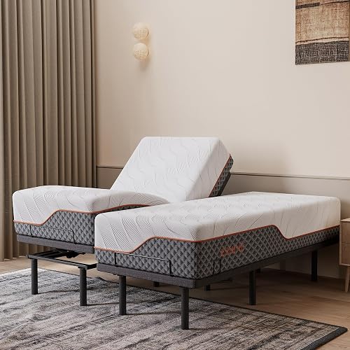 ESHINE 14" Hybrid Mattress Twin XL + Adjustable Bed Frame - Luxury Gel Memory Foam, Upholstered Bed Frames with Massage, USB, Under Bed Night Light, Head and Foot Incline, Split King