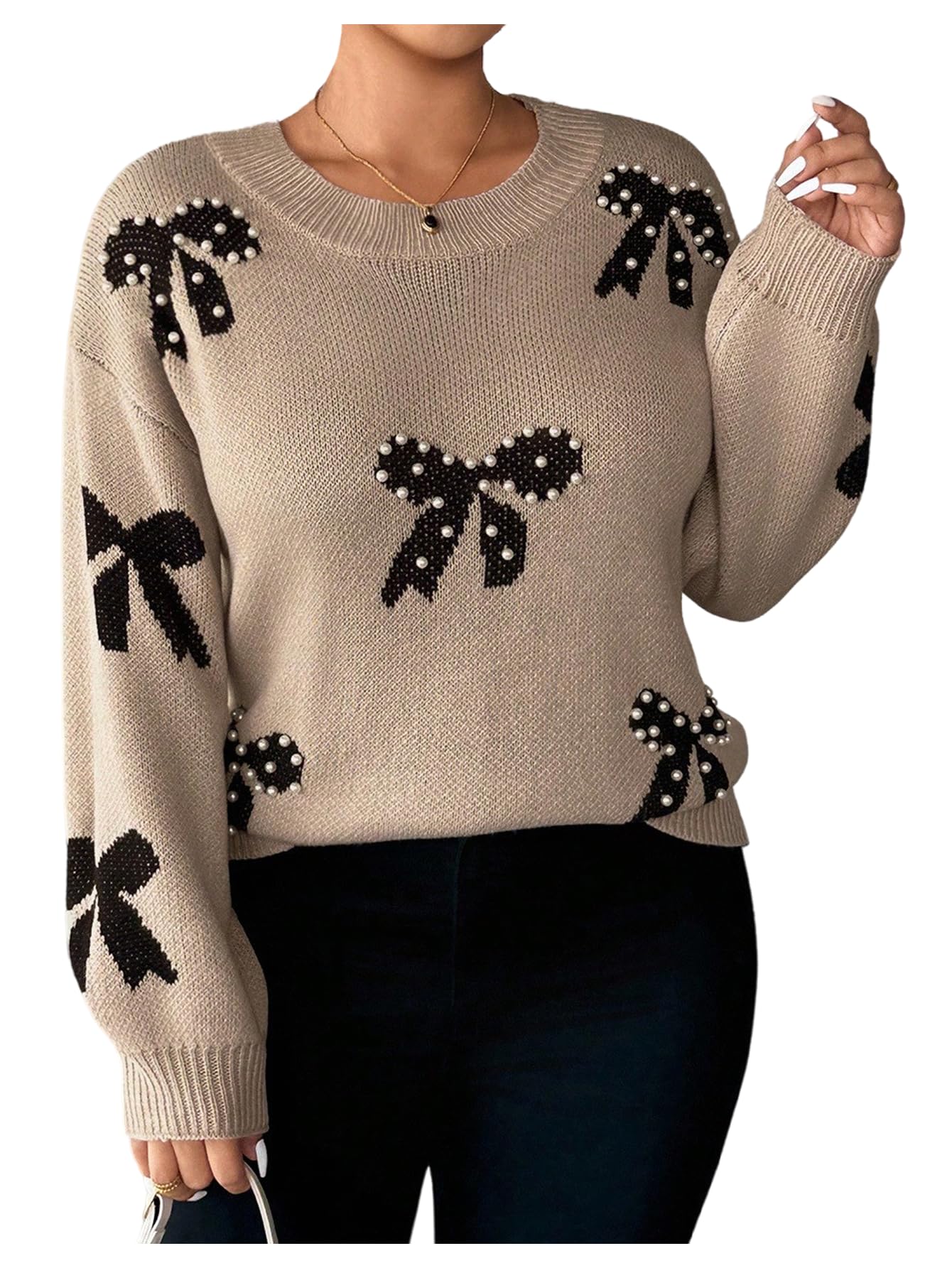 Womens Y2k Plus Size Beaded Bow Sweaters Elegant Crew Neck Long Sleeve Fall Pullover Knit Pullover Top