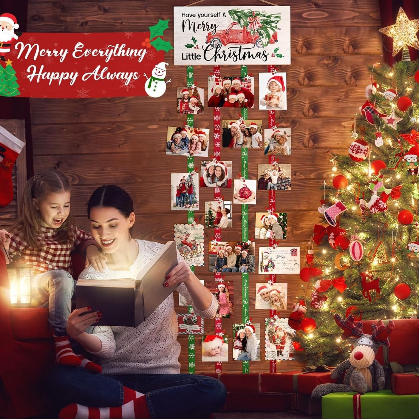 KAHEIGN Weihnachten Kartenhalter, 40cm x 120cm Holz Kartentafel Grußkartenhalter zum Aufhängen an die Wand, Weihnachtskarten-Displaytafel mit 30 Schneeflocken Fotoclips für Weihnachtsdekoration