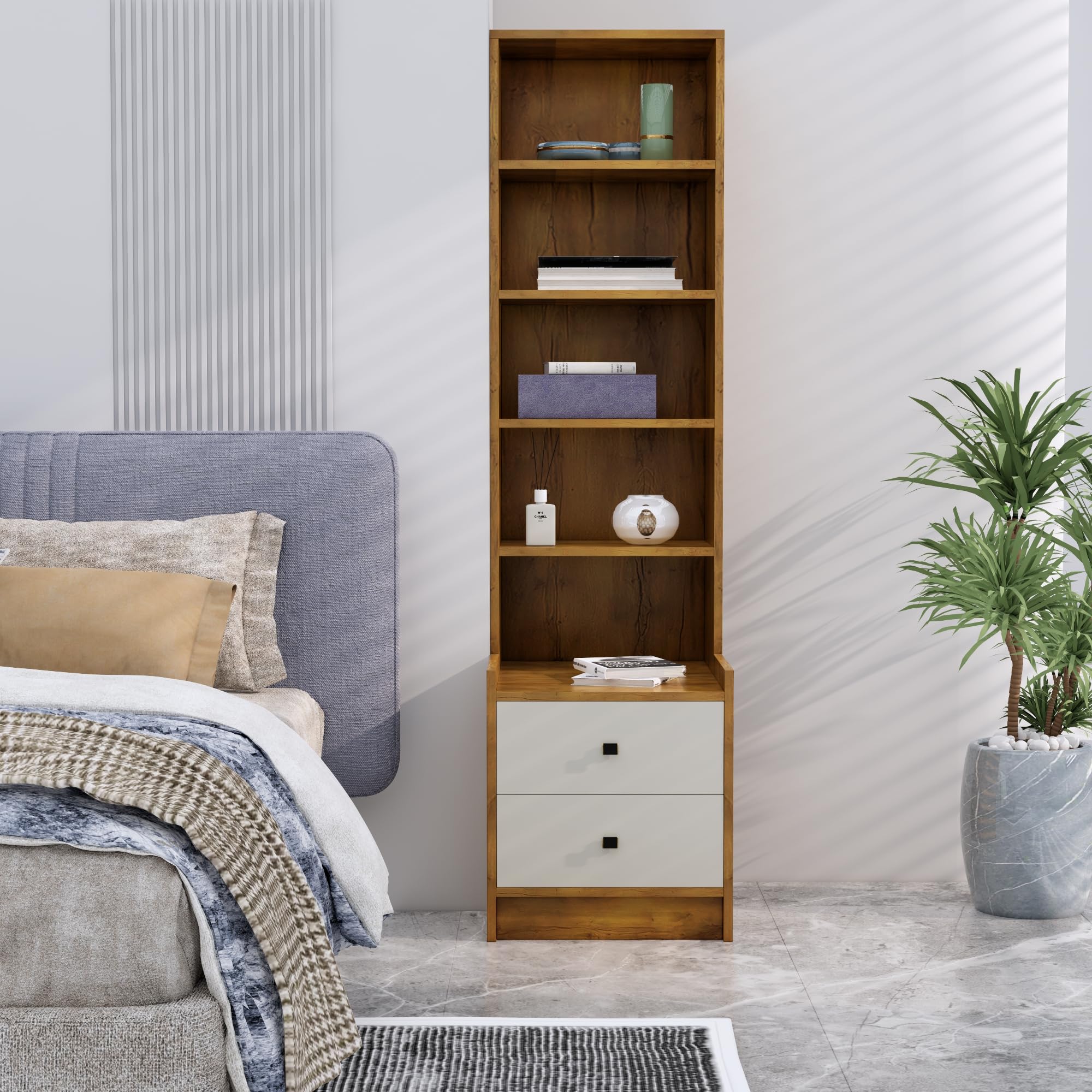 Bed Side Table with 2-Drawer, Nightstand, Metal Legs, Bedside Table for Bedrooms, Sofa Side for Living Room (Giant Wood & Frosty White)-picture-17