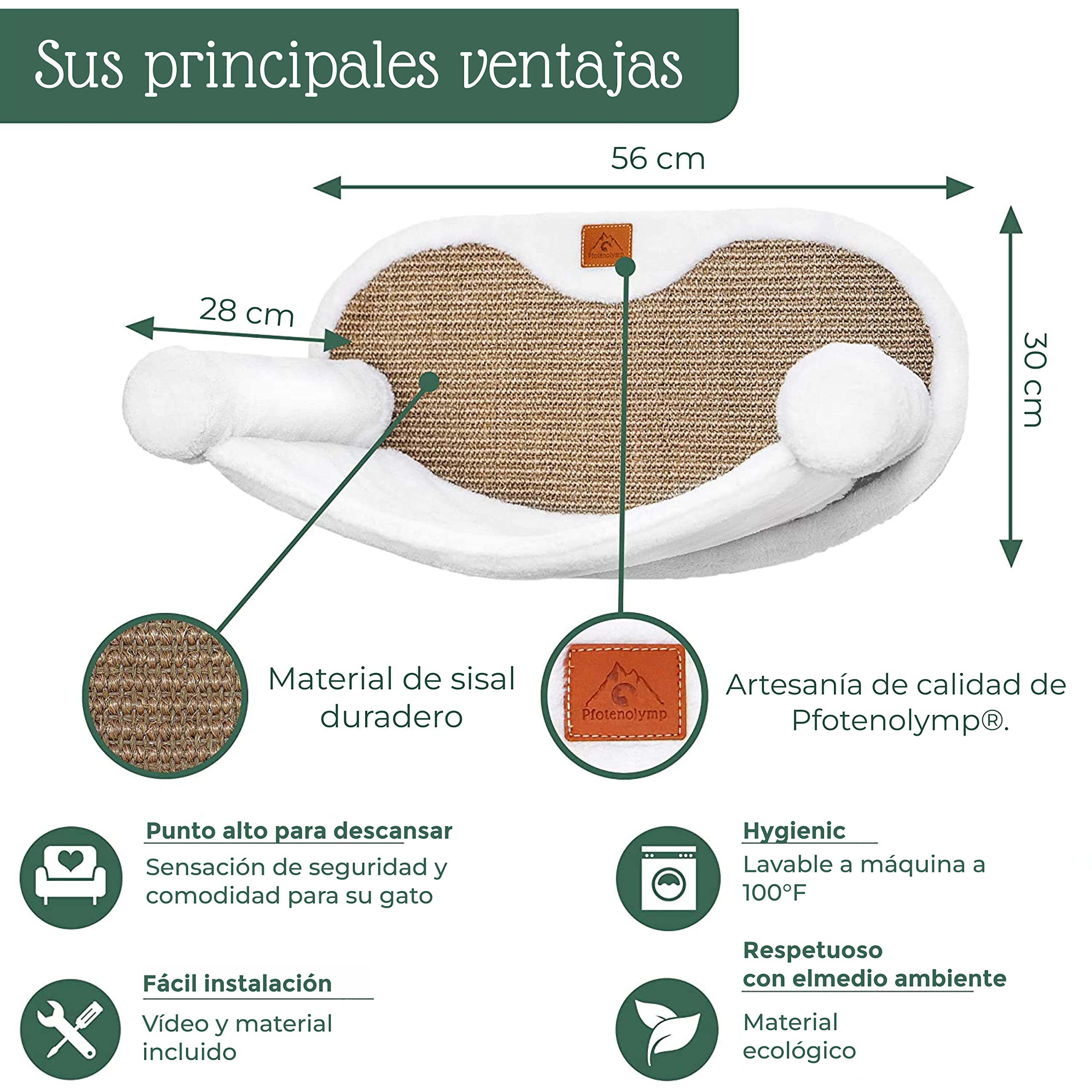 Pfotenolymp® Hamaca para Gatos de hasta 10 kg | Montaje en Pared | Alta Estabilidad | Horas de diversión contra arañazos | higiénico y fácil de Limpiar | Respetuoso con el Medio Ambiente | fácil