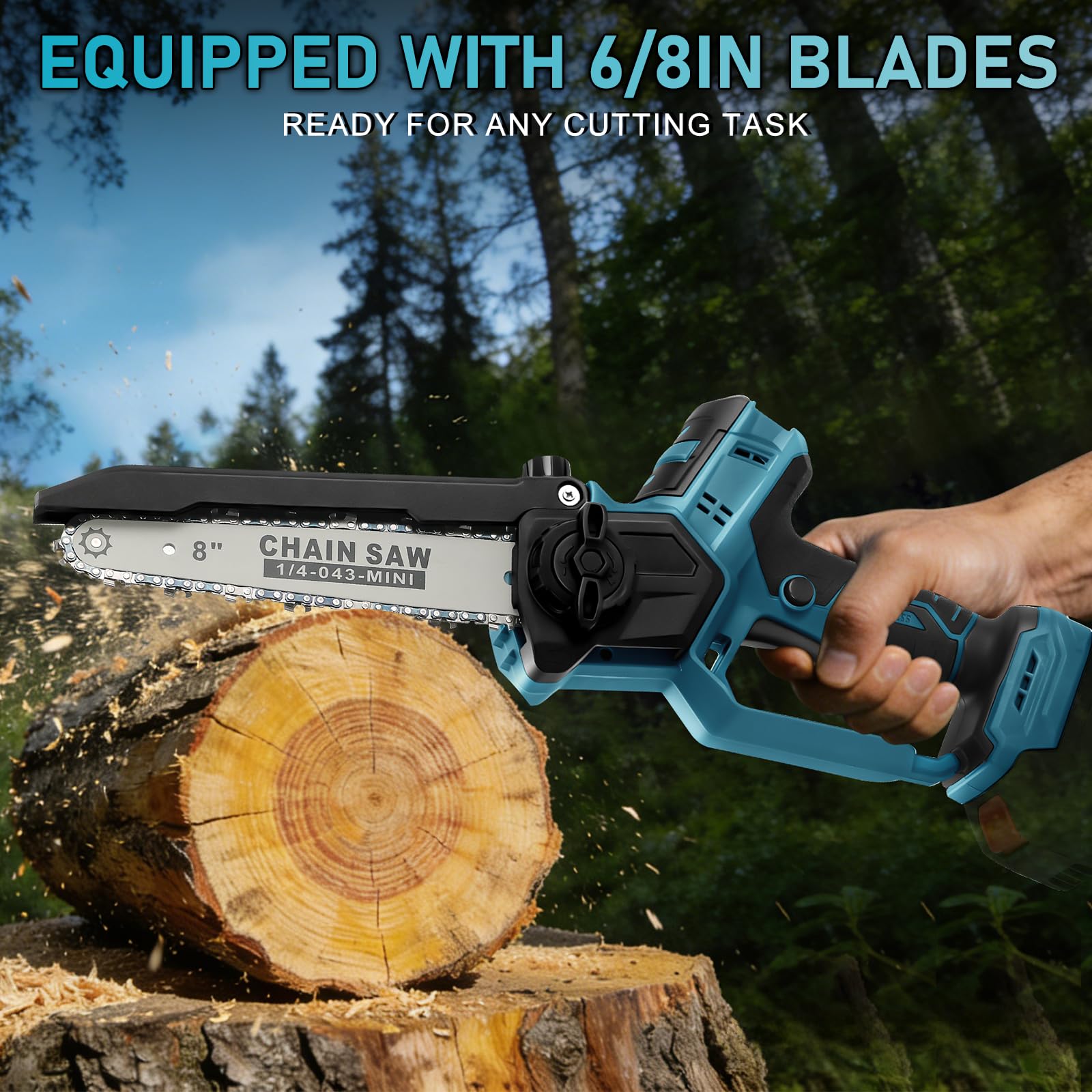 Motosierra Inalámbrica 8 y 6 Pulgadas para Makita 18V (sin Batería) | Mini Motosierra sin Escobillas, Lubricación Automática de Cadena, 2 Placas, 4 Cadenas, Guantes, Gafas y Maletín