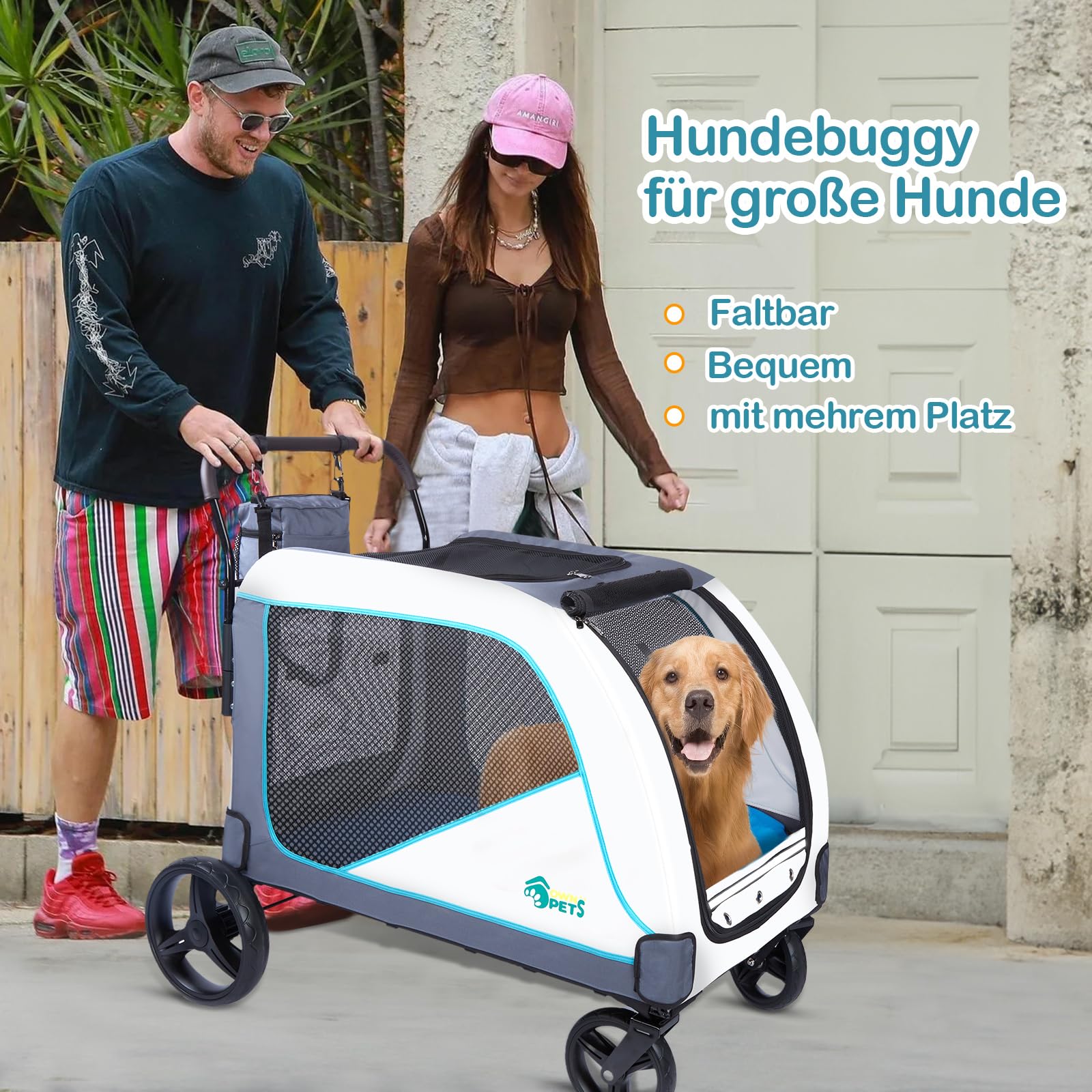 Ownpets Extra großer Hundebuggy für mittelgroße und große Hunde bis 70kg, mit Aufbewahrungstasche, verstellbarem Griff, atmungsaktives Netz, faltbar, 4 Gummi-Räder