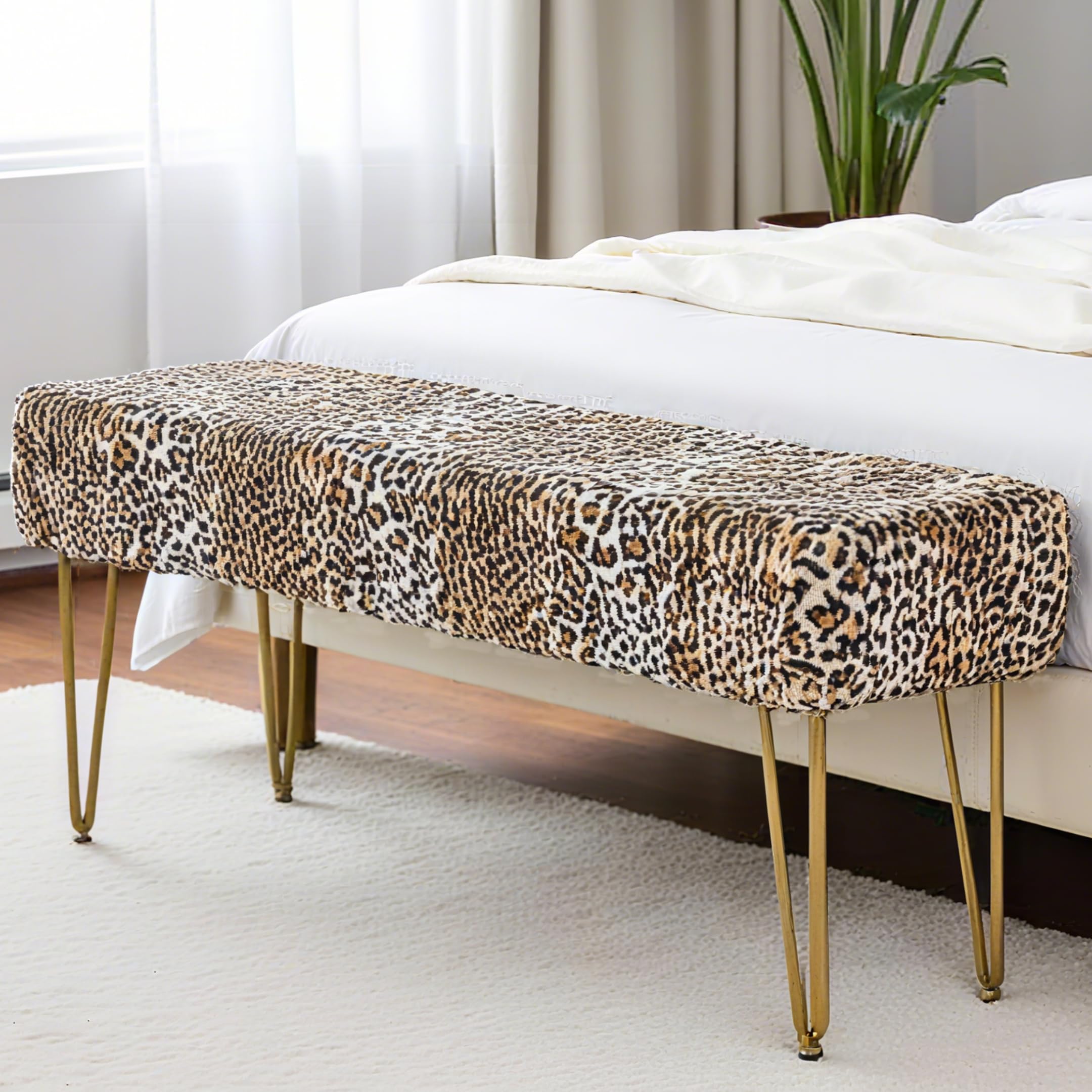 Warmaxx Leopard Print Rectangle Ottoman 46"x16"x22" Faux Fur Entryway Bench Footrest Stool Accent Seating Cheetah Furry Ottoman Bedroom Vanity End of