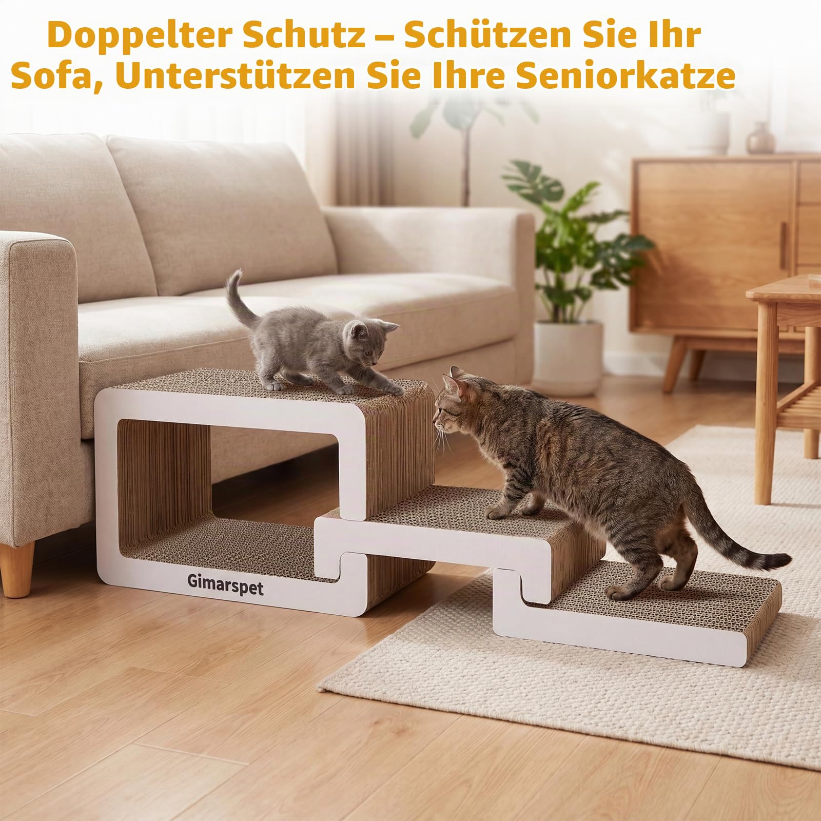 Gimars 3 in 1 Kratzbrett Katze XXL – Stilvolles Kratzmöbel aus Wellpappe, Stufen-Design Katzentreppe für Sofa & Bett, Aufstiegshilfe für Senior & Munchkin Katzen, Katzenlounge