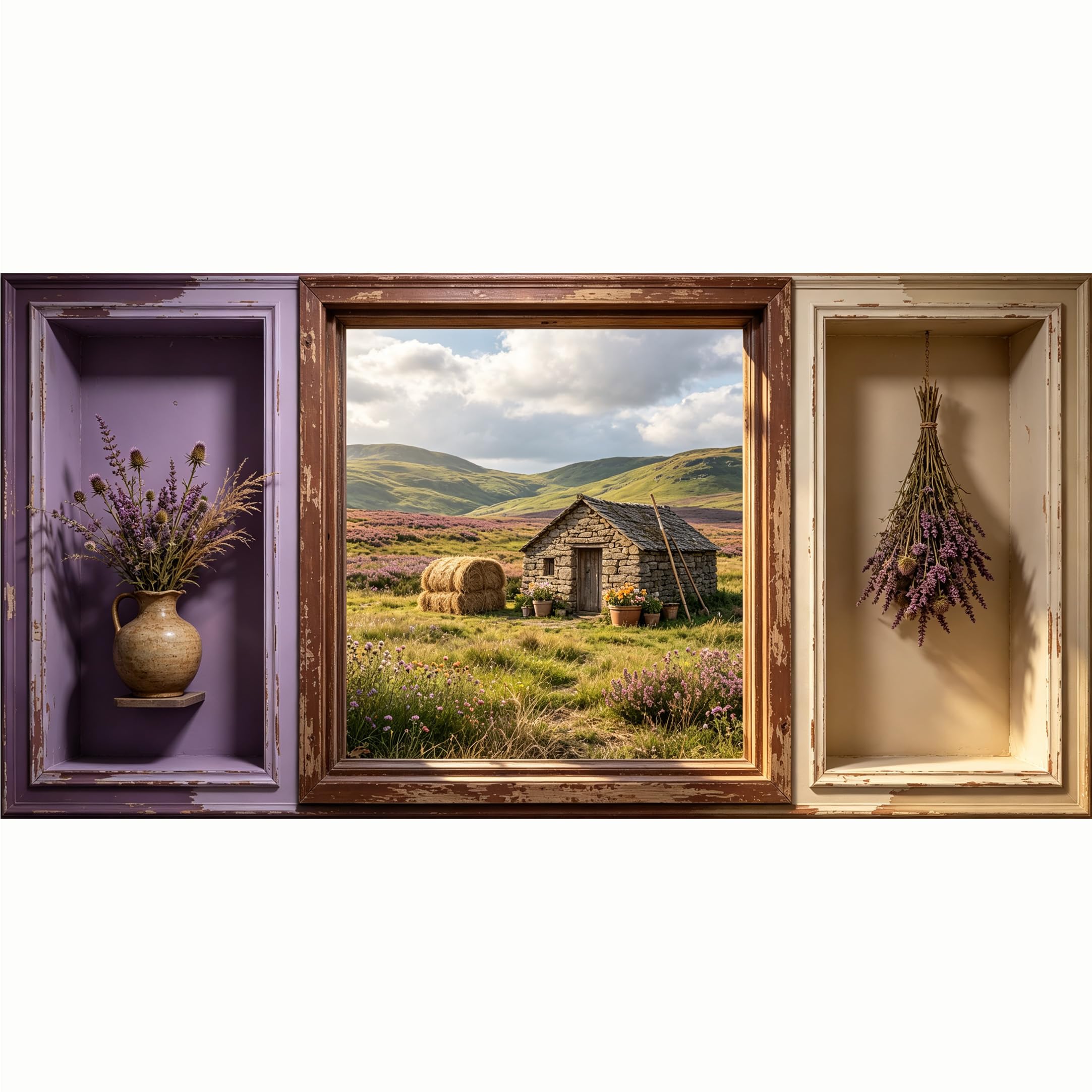 QZLITHOTIC 50x100cm 3D Framed Wall Art， Rustic Farmhouse Stone Cottage Landscape SelfAdhesive Mural， WaterActivated Peel & Stick Fabric Decor Wall Decal for Bedroom Living Room