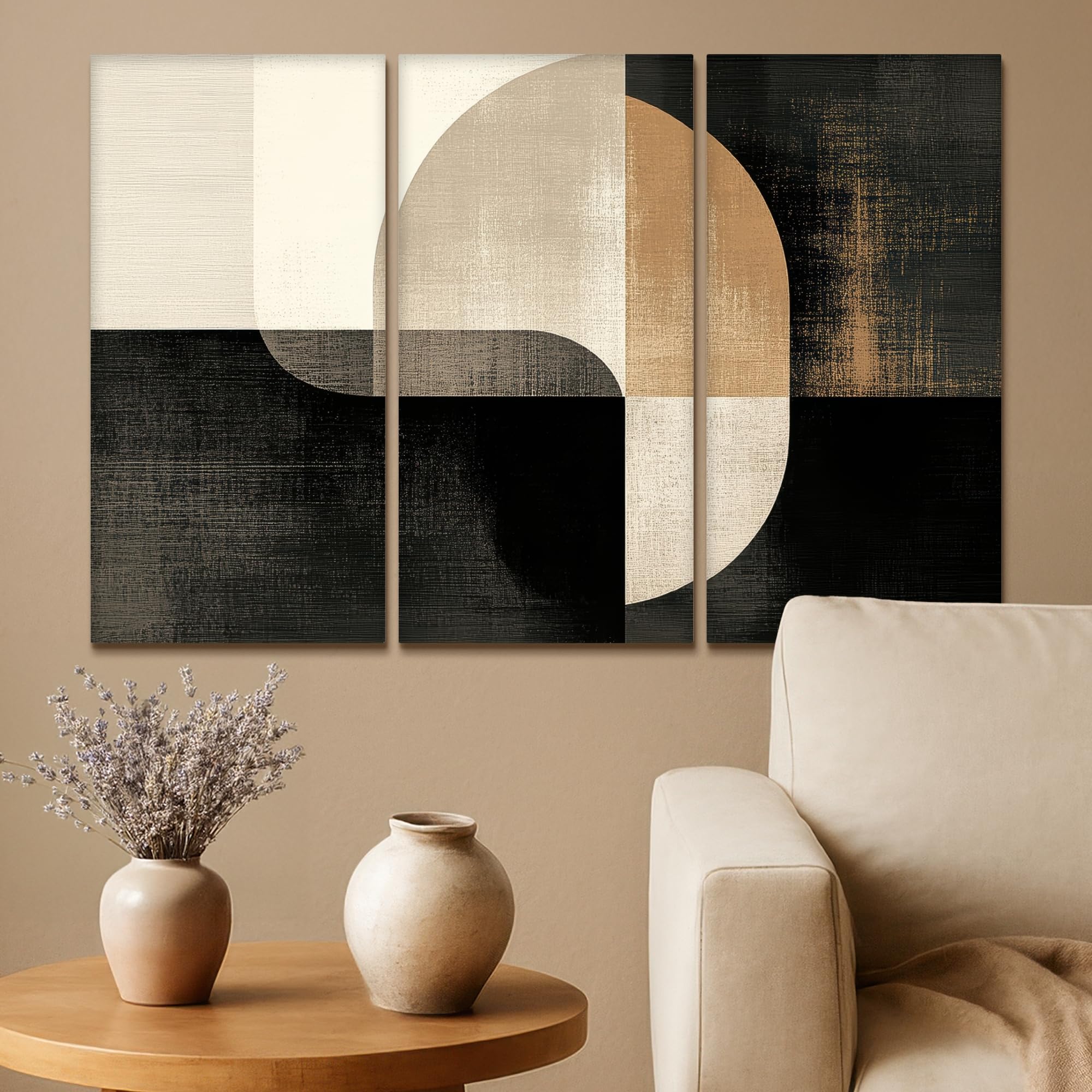 MuchoWow© Wandbilder 3er Set 90x60 cm Wohnzimmer Wanddeko Schlafzimmer Zimmerdeko Wandgemälde Zimmer Deko auf Wand Dekoration Leinwände Formen - Abstrakt - Gold