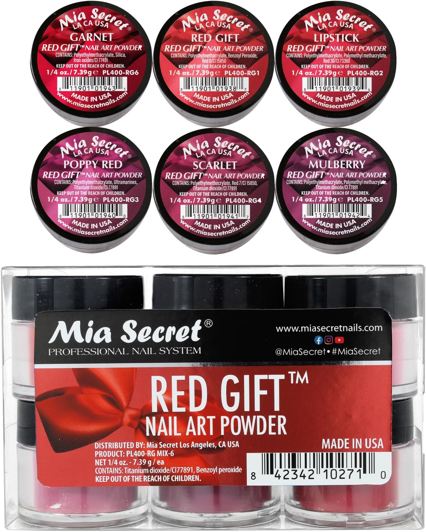 Red Gift Nail Art Powder - 6 Piece Collection - 1/4 Ounce Each