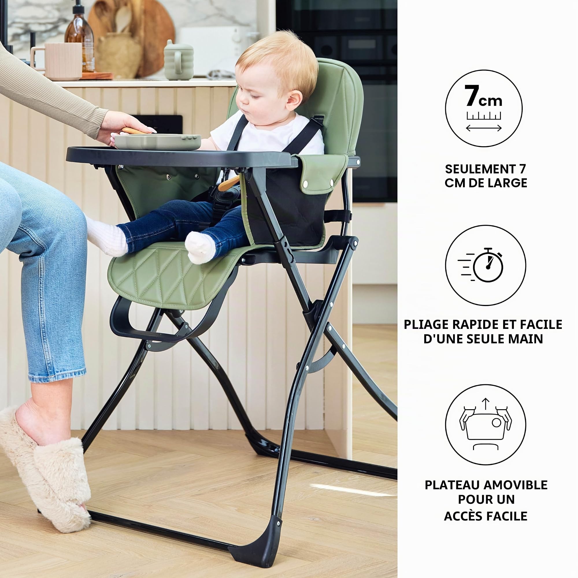 Ickle Bubba Flip Magic Chaise haute pliable (vert sauge) – Convient aux pesant jusqu'à 15 kg, harnais de sécurité à 5 points, plateau amovible, pliage rapide d'une seule main, design compact et fin