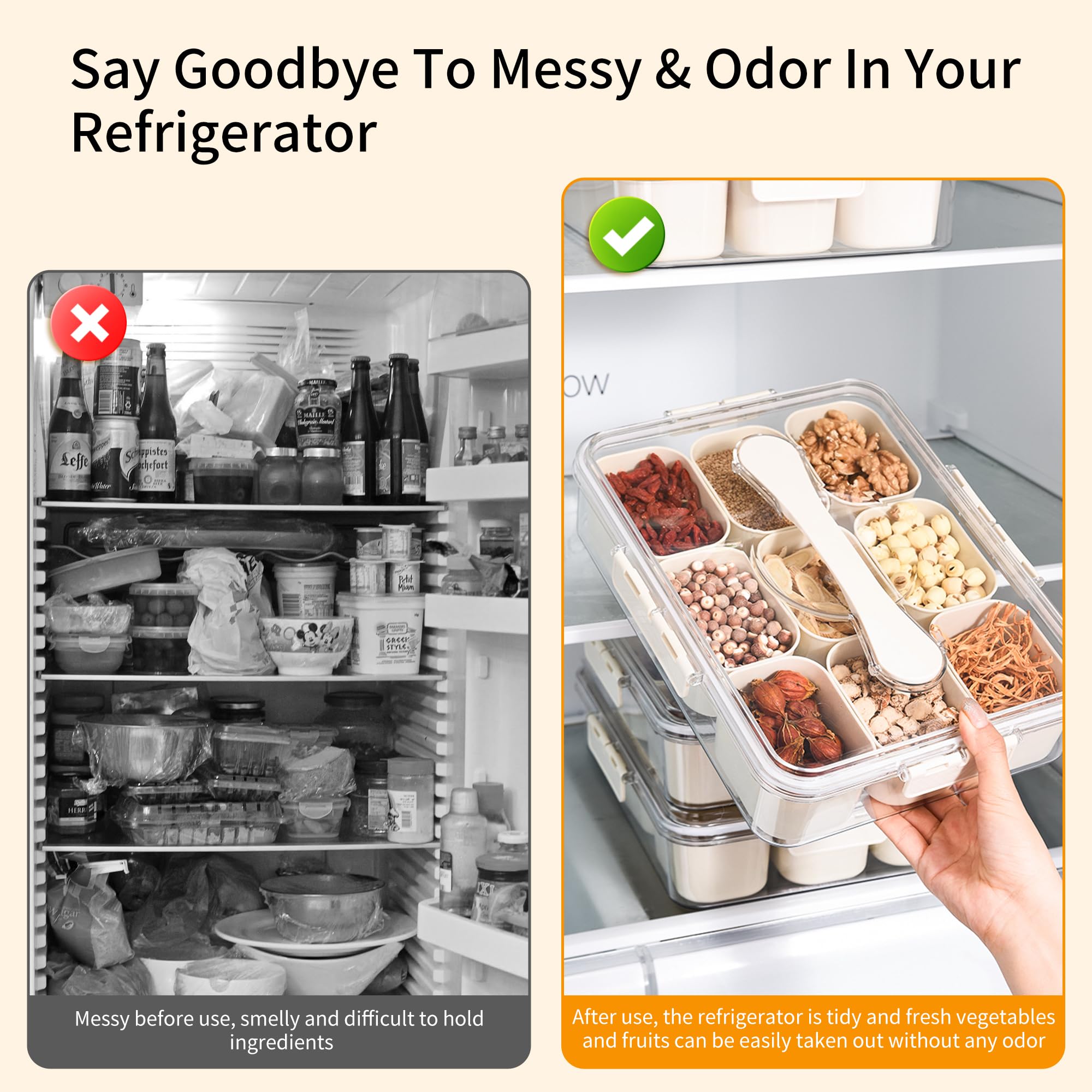 VIDONIO Bandeja dividida para servir con tapa y asa, organizador portátil de 9 compartimentos, caja de conservación fresca para caramelos, frutas, frutos secos, especias, charcutería, contenedor para