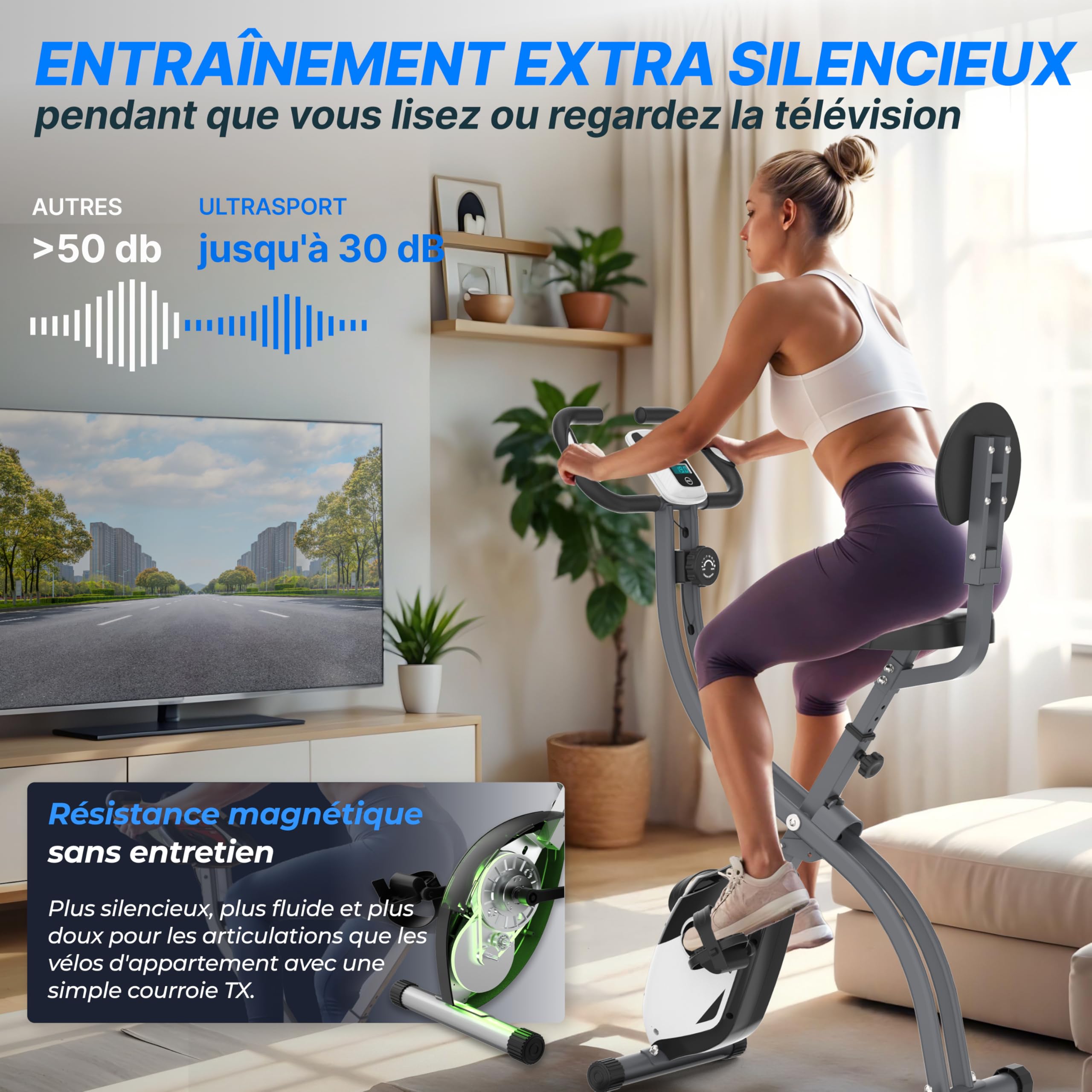 Ultrasport F-Bike Vélo d’Appartement Pliable I Vélos d'Appartement Extra Silencieux jusqu'à 130 kg avec Selle Confort, Velo d Appartement Pliable