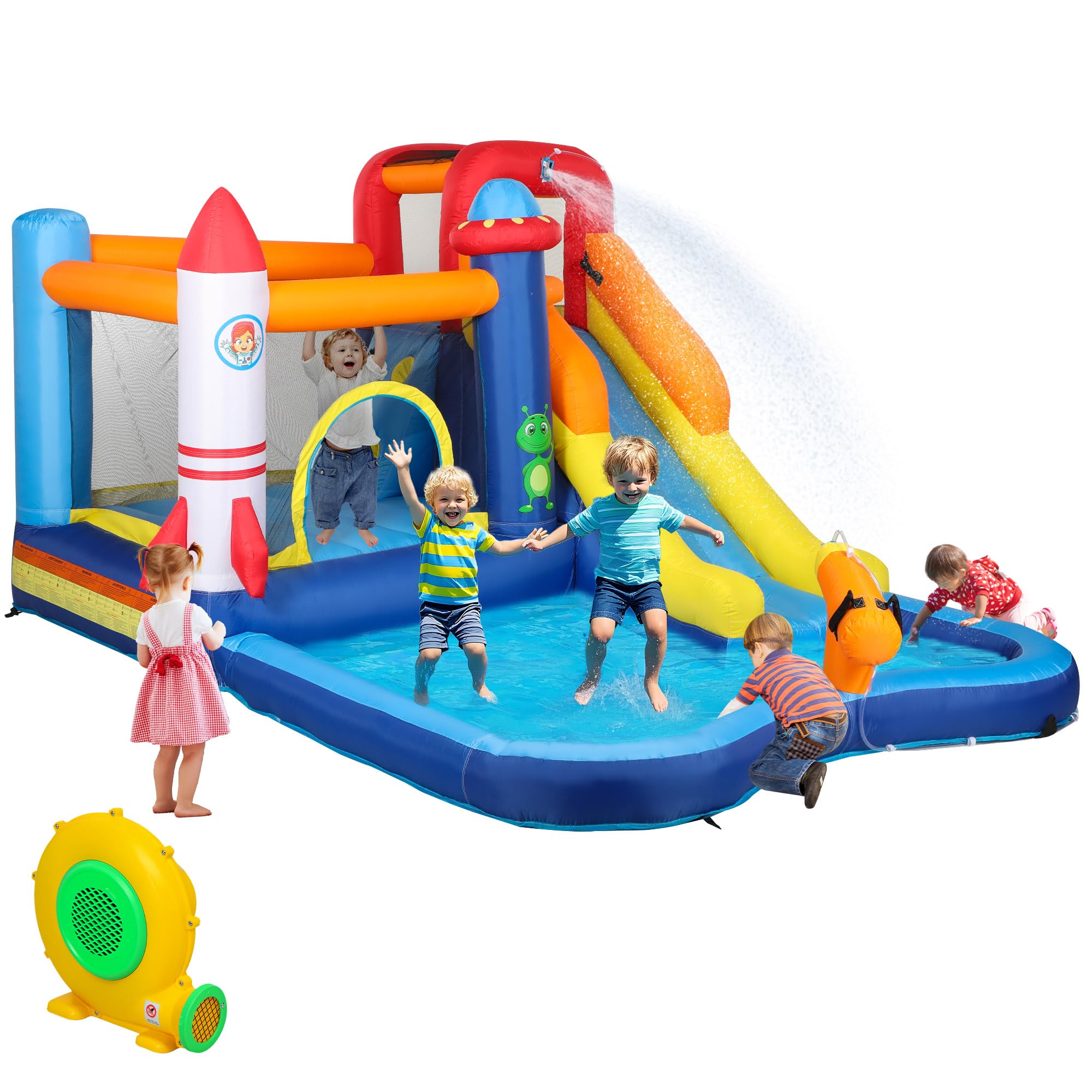 AIYAPLAY Hüpfburg mit Gebläse, Aufblasbare Wasserpark mit Rutsche, Planschbecken, Kletterwand, Sprung, Wasserkanone, Tragetasche Wasserspielcenter für Kinder 3-8 Jahren, 360 x 250 x 195 cm