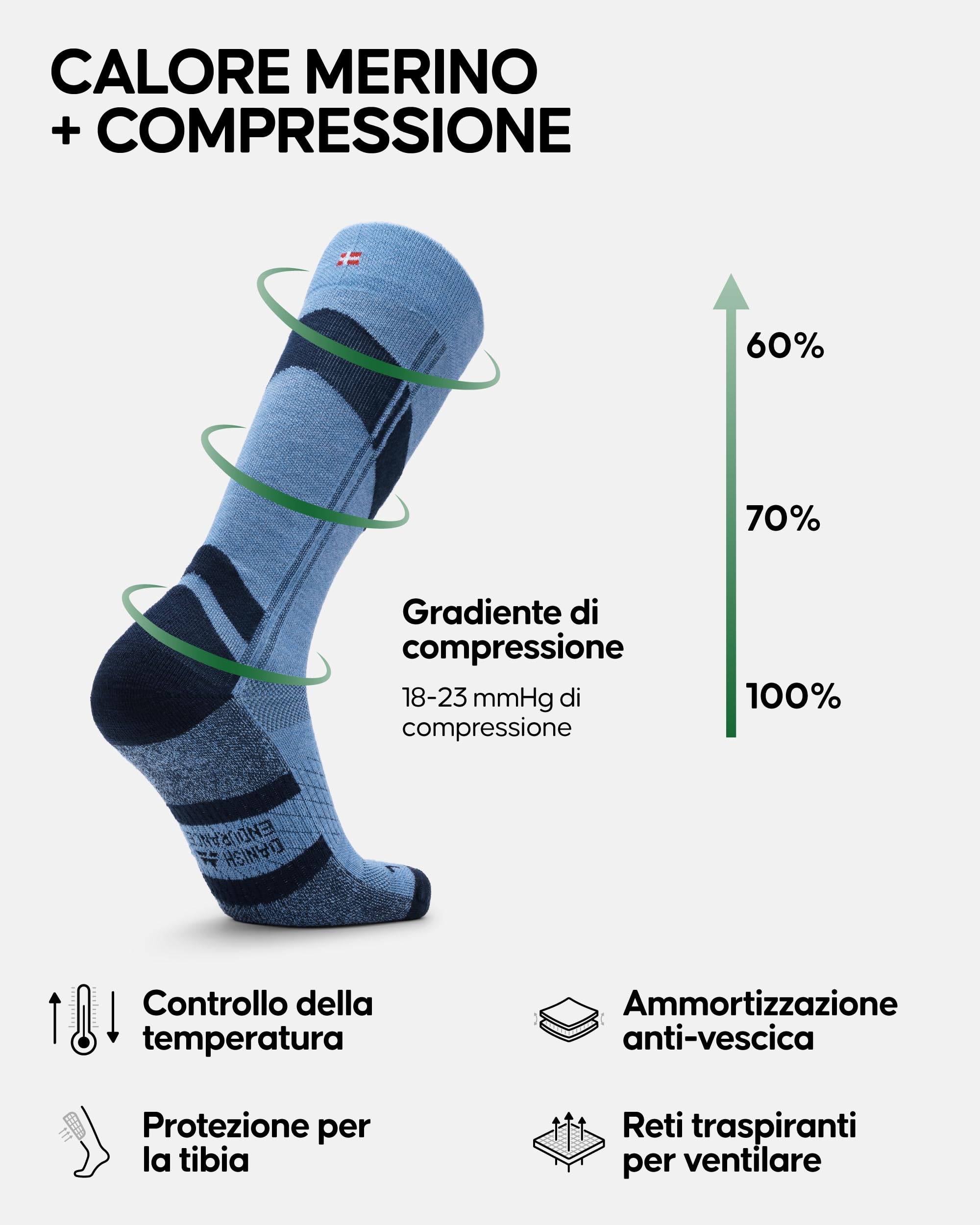 DANISH ENDURANCE Calze Sci Lana Merino Compressione Graduata 15-24 mmHg, Calzini Termici Imbottiti, Alte Prestazioni, Uomo e Donna