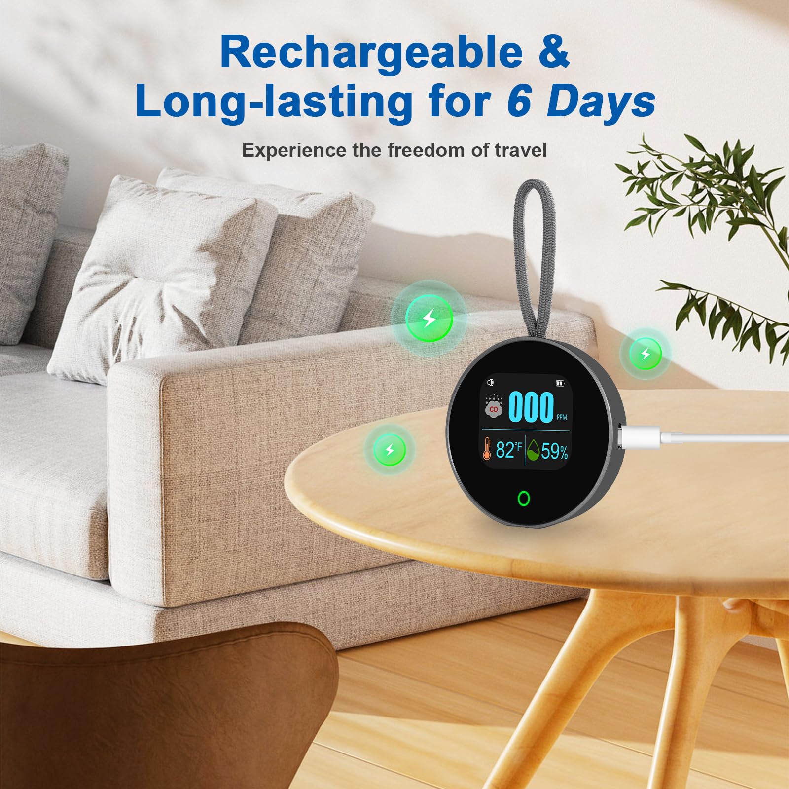 Detector de monóxido de carbono portátil 3 en 1 medidor de CO recargable para temperatura de viaje, humedad y sensor de CO, alarma magnética trasera y suspensión para exteriores, monitor de calidad de