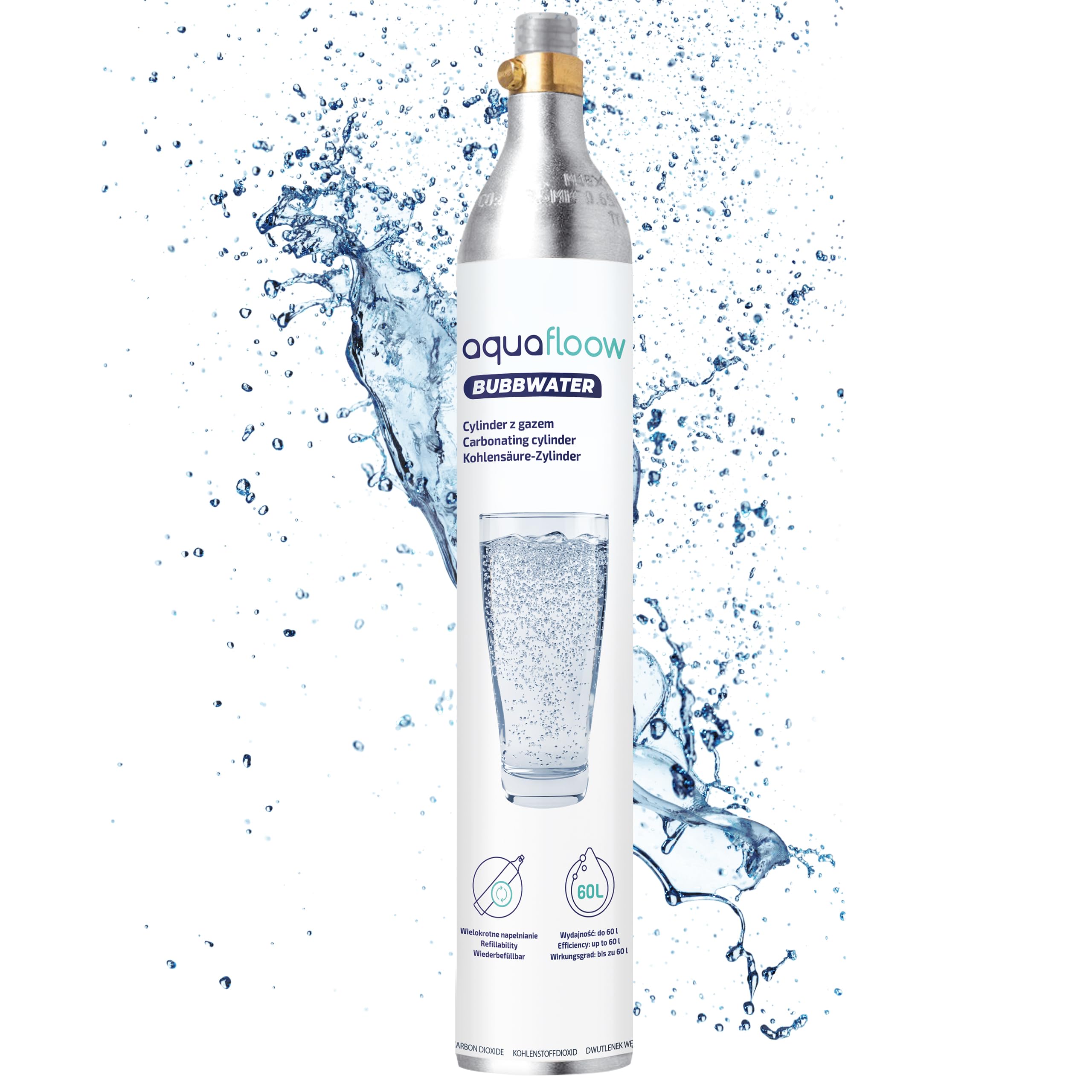 Aquafloow Macchina Soda per Acqua Frizzante in Acciaio Inox – Gasatore d’Acqua a Controllo Manuale con CO₂ Ricaricabile, Bombola fino a 60 Litri, Bottiglia in Plastica Senza BPA con Base Inox