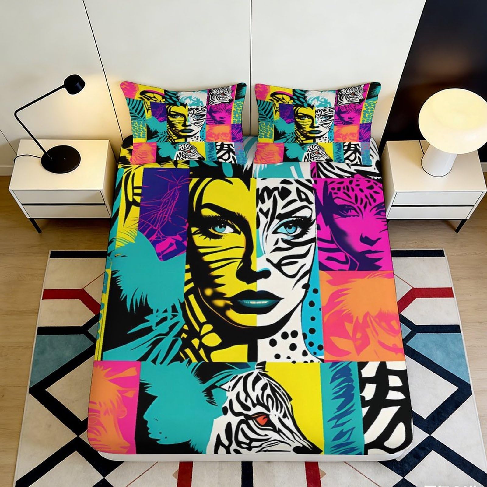 Pnayamiorkfel Style-6 3D Printed Pop Art Face Fitted Sheet Microfiber Colourful Animal Graphic Mattress Cover For Bedroom Guest Room Decor 90X200x25cm