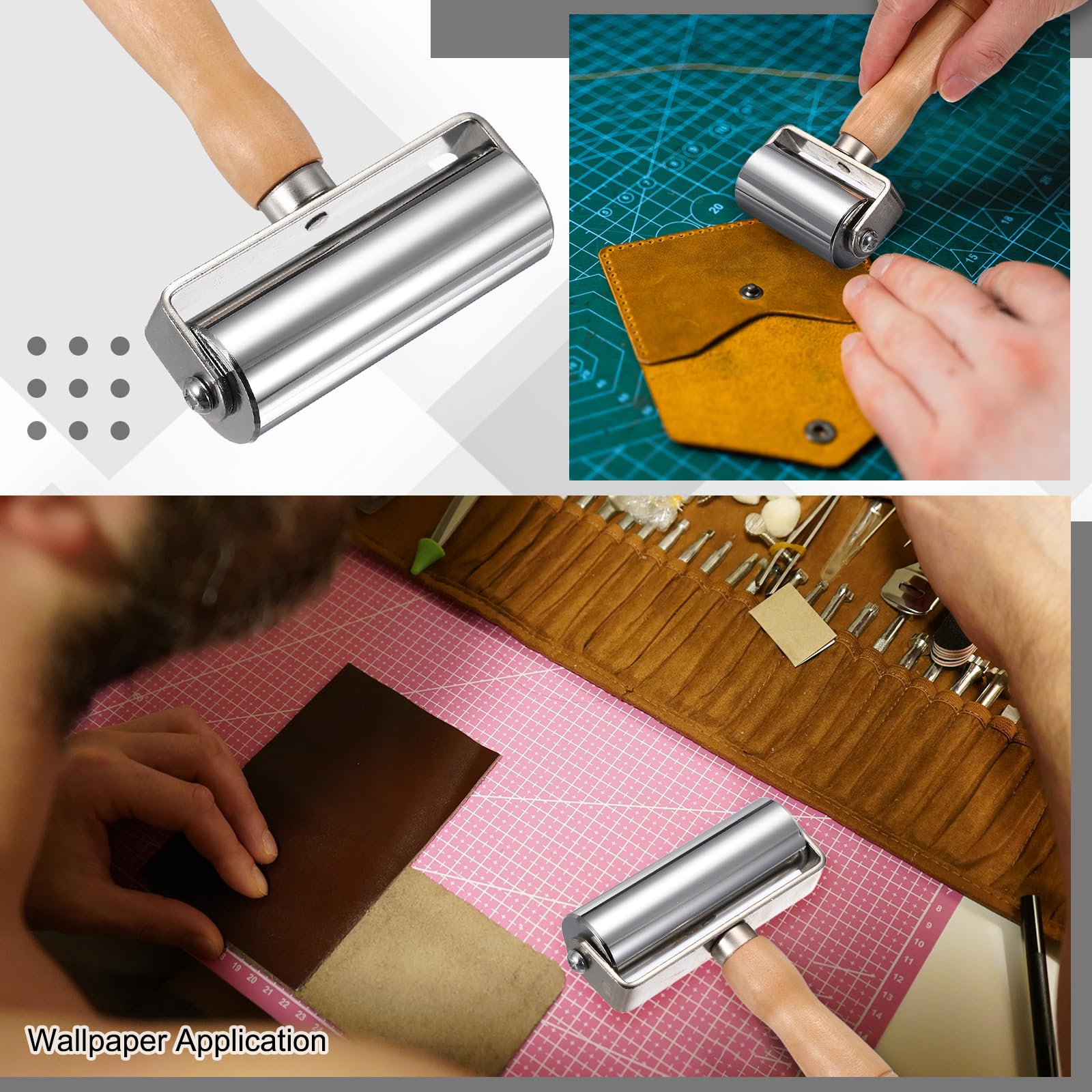 QUARKZMAN 2 Pezzi Rullo Pressa Pelle 100 Mm / 3.94" Lunghezza Acciaio Inossidabile Laminazione Bordi Colla Pelle con Manico in Legno per Lavorazione Fai da Te