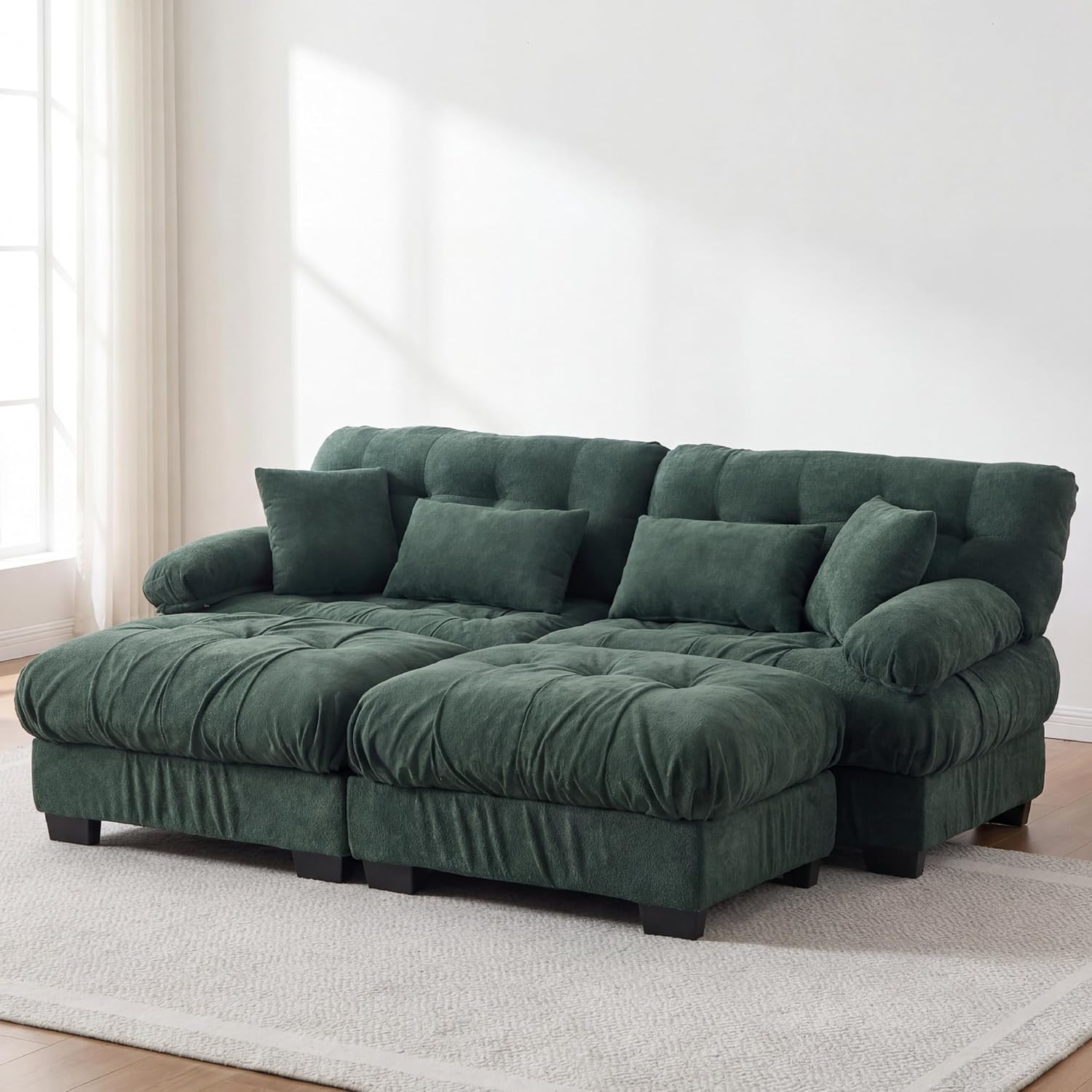 KEIKI 158" Boucle Sectional Sofa with Ottoman, Comfy Modular L-Shaped Couch Sofa Set w/Lounge, Modern Oversized Convertible Sleeper Cloud Couches Bed for Apartment Living Room, Easy Assembly, Brown