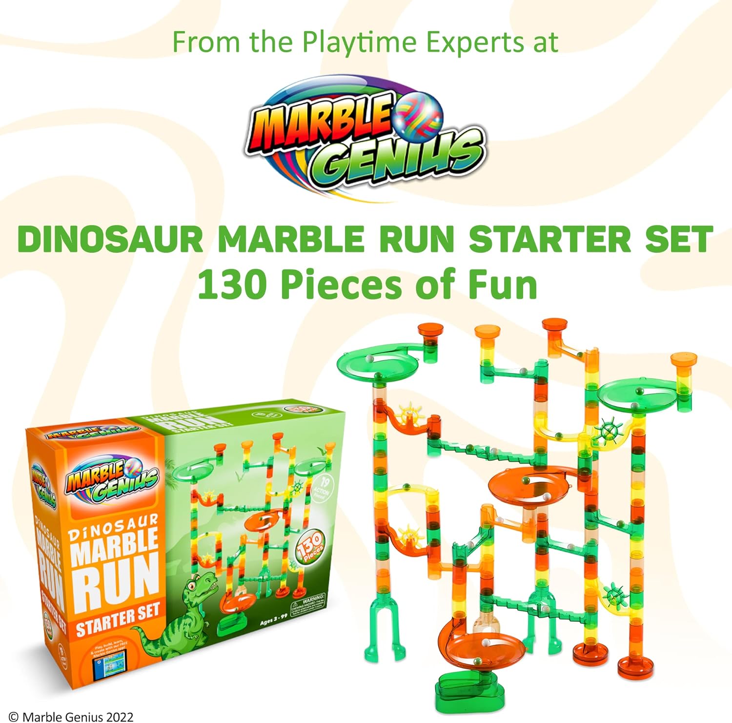 Marble Genius Marble Run Starter Set STEM Toy for Kids Ages 4-12 - 130 Complete Pieces (80 Translucent Marbulous Pieces and 50 Glass Marbles), Construction Building Block Toys, Theme (Dinosaur)