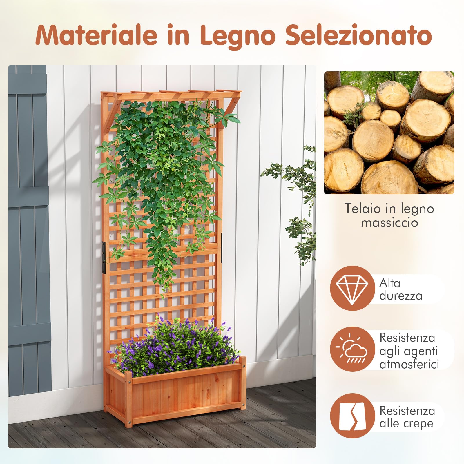 COSTWAY Fioriera da Esterno con Grigliato e Tettuccio, Letto Rialzato in Legno con Fori di Scarico, Aiuola Rialzata con Spalliera per Piante Rampicanti Viti e Fiori, 75 x 33 x 182,5 CM