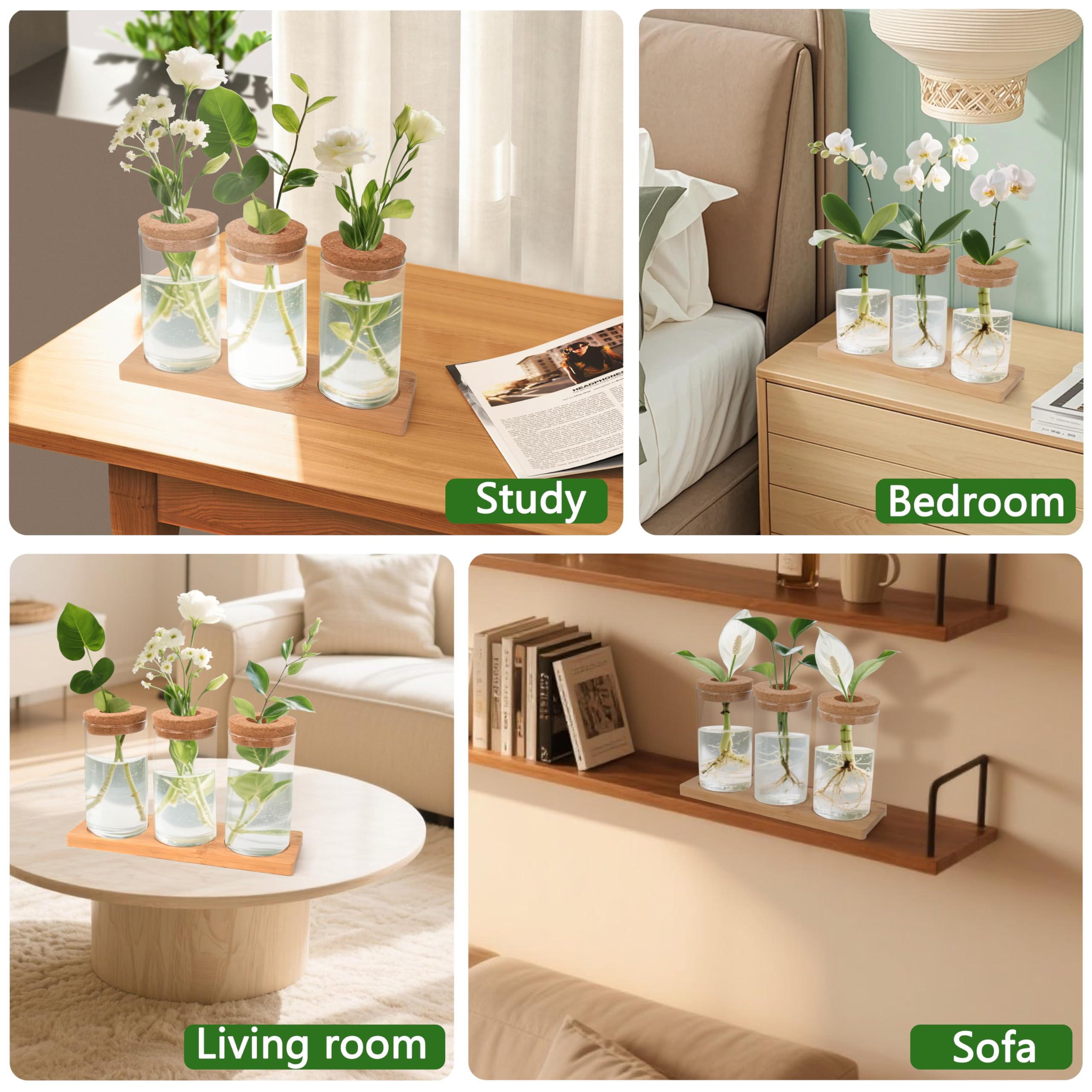 Stations de Propagation de Plantes Vases Hydroponiques avec Socle et Bouchons en Bois pour pour Plantes Aquatiques ou Fleurs 3 Pièces