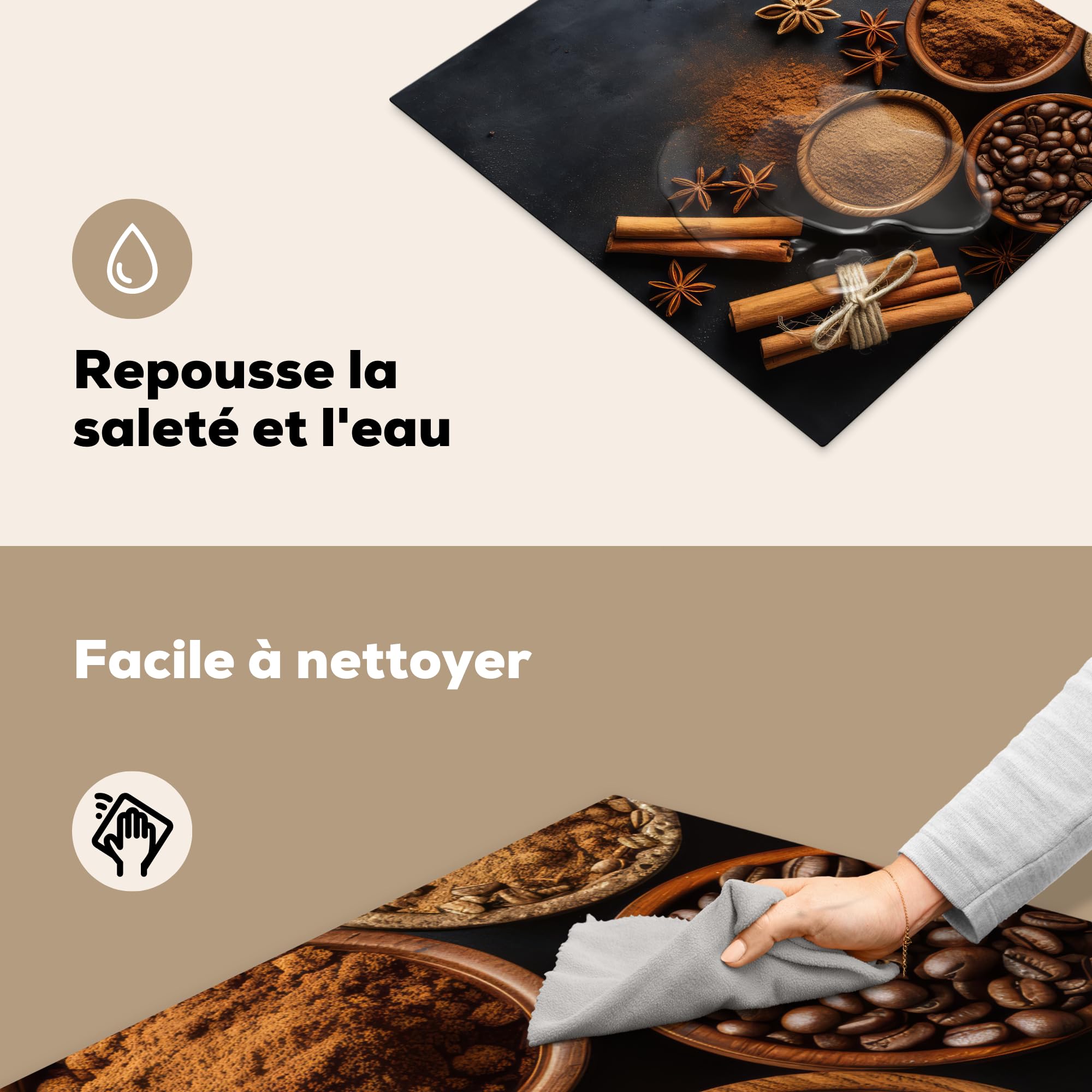 KitchenYeah© Protege Couvre Plaque De Cuisson Deco Cuisine Tapis Protection Protecteur Induction 59x52 cm Cannelle - Béton - Café - Bâtons de cannelle - Épices