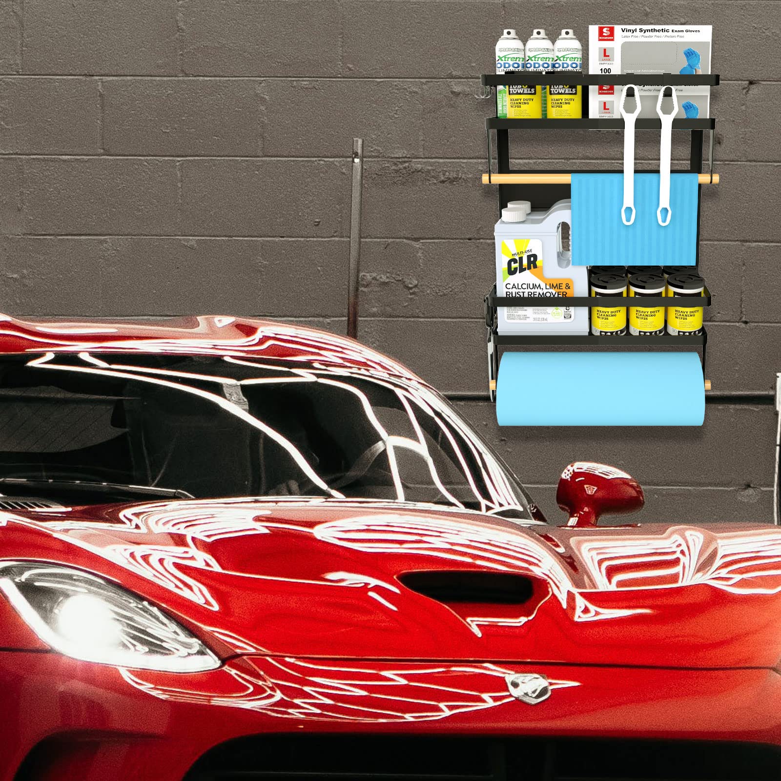 Paper Towel Holder with Shelf, 2-in-1 Magnetic Shelf, Heavy Duty Rustic Paper Towel Holder with 5 Removable Hooks, Tissue Holder for Tool Shed, Garage, Workbench, Kitchen, Craft Room, or Laundry Room