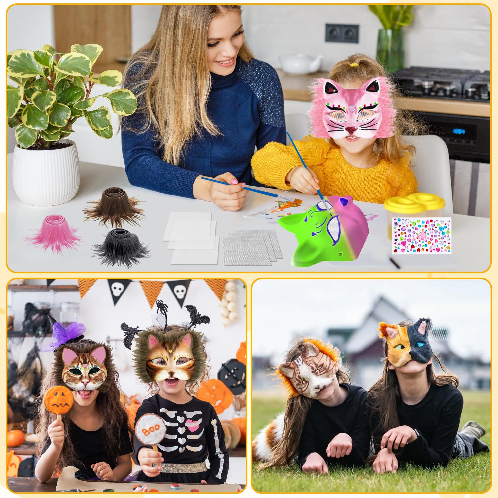Tunejoy Maschera Gatto Bianca Vuota 6 Pezzi Therian Maschera Gatto Kit DIY Dipinta Mano Maschere con Finta Pelliccia e Foglio di Feltro per Carnevale Cosplay Natale Halloween