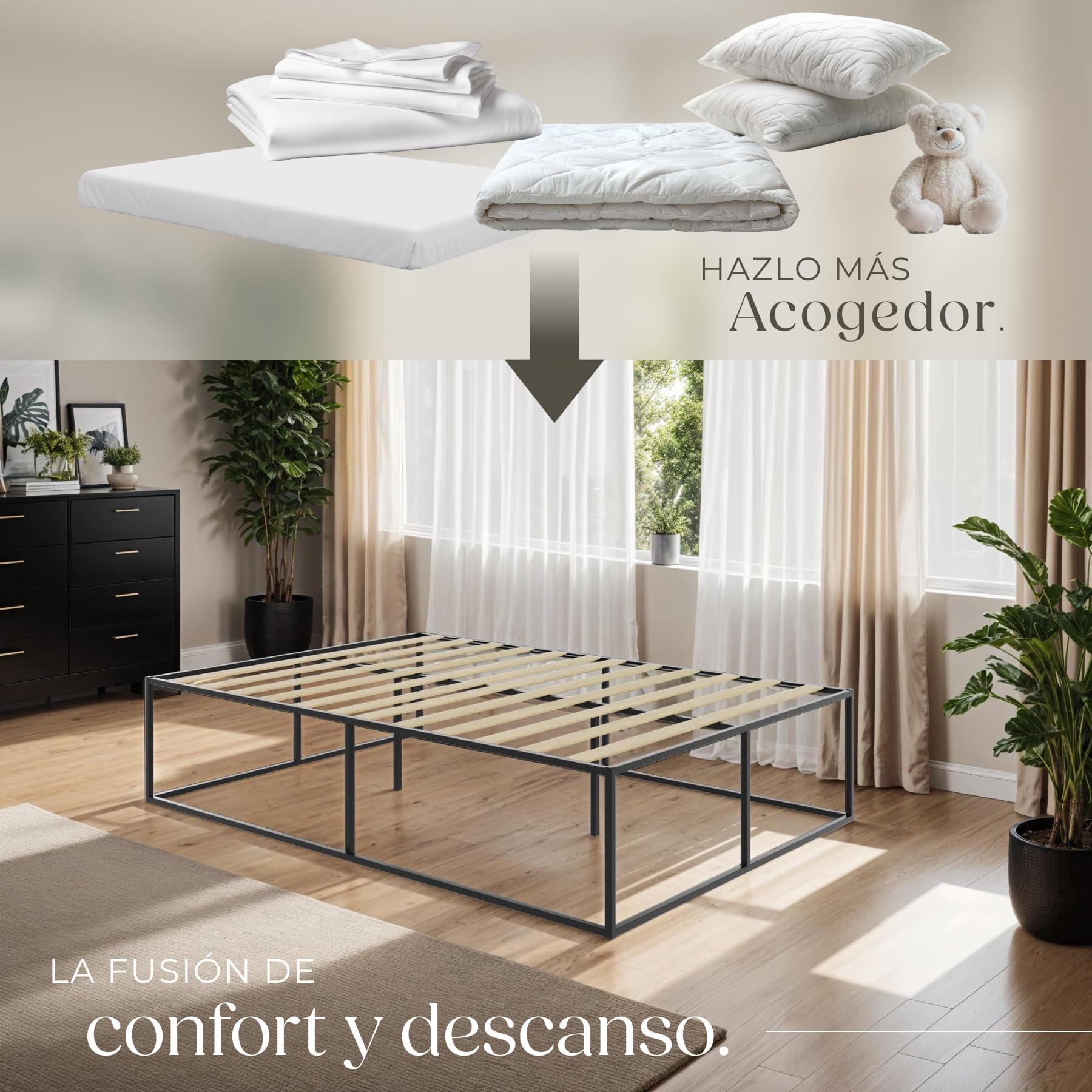 tectake® Cama Matrimonio Metal, Almacenamiento Debajo, Estructura Resistente, Somier Madera de Álamo, Diseño Minimalista, Cama Matrimonio Moderna - 200 x 140 x 46,5 cm