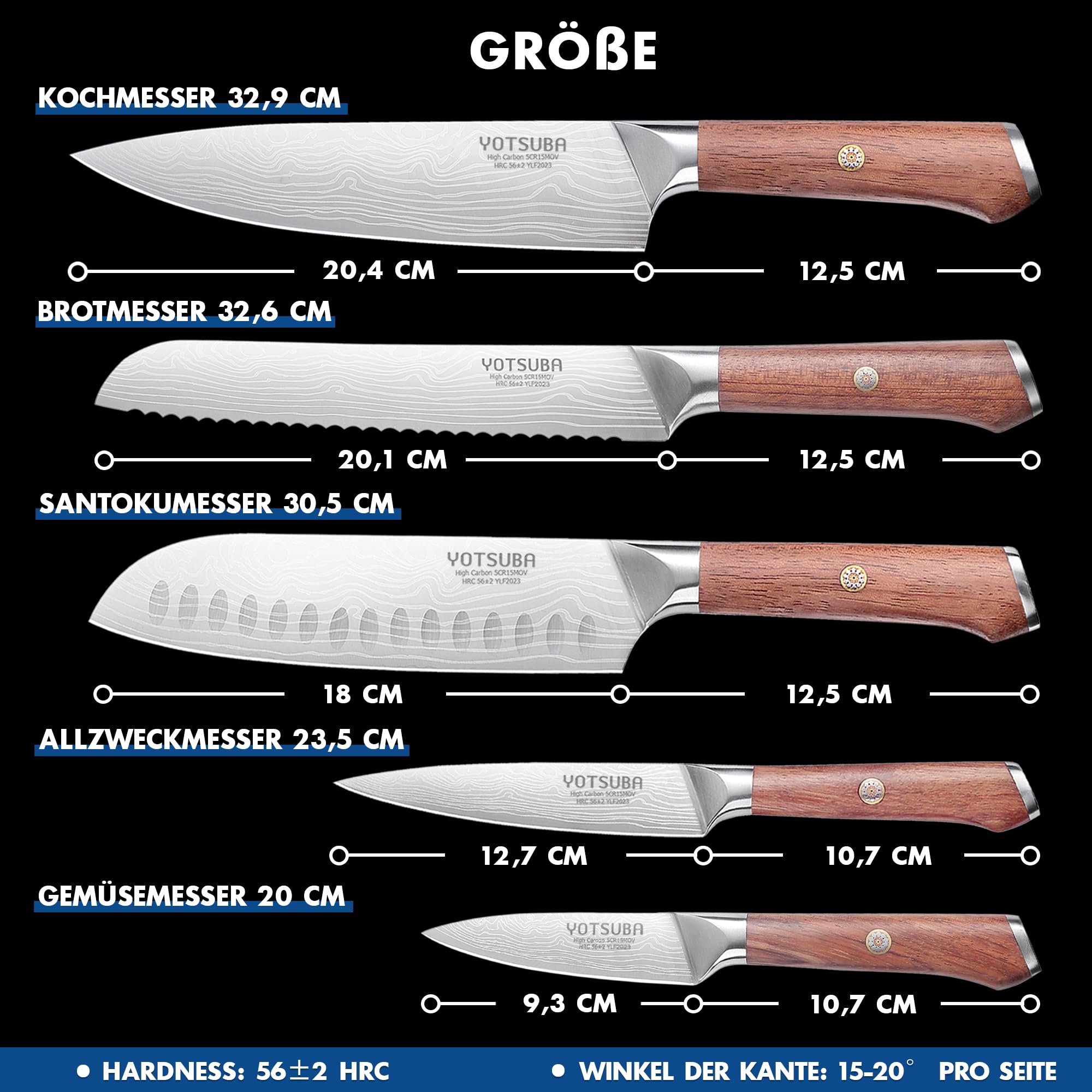 YOTSUBA Küchenmesser Set 5-teilig Messerset Scharf Küche aus hochwertigem Carbon Edelstahl, Ultra Scharfes Messerset mit Kochmesser, Brotmesser, Santokumesser, Allzweckmesser, Gemüsemesser