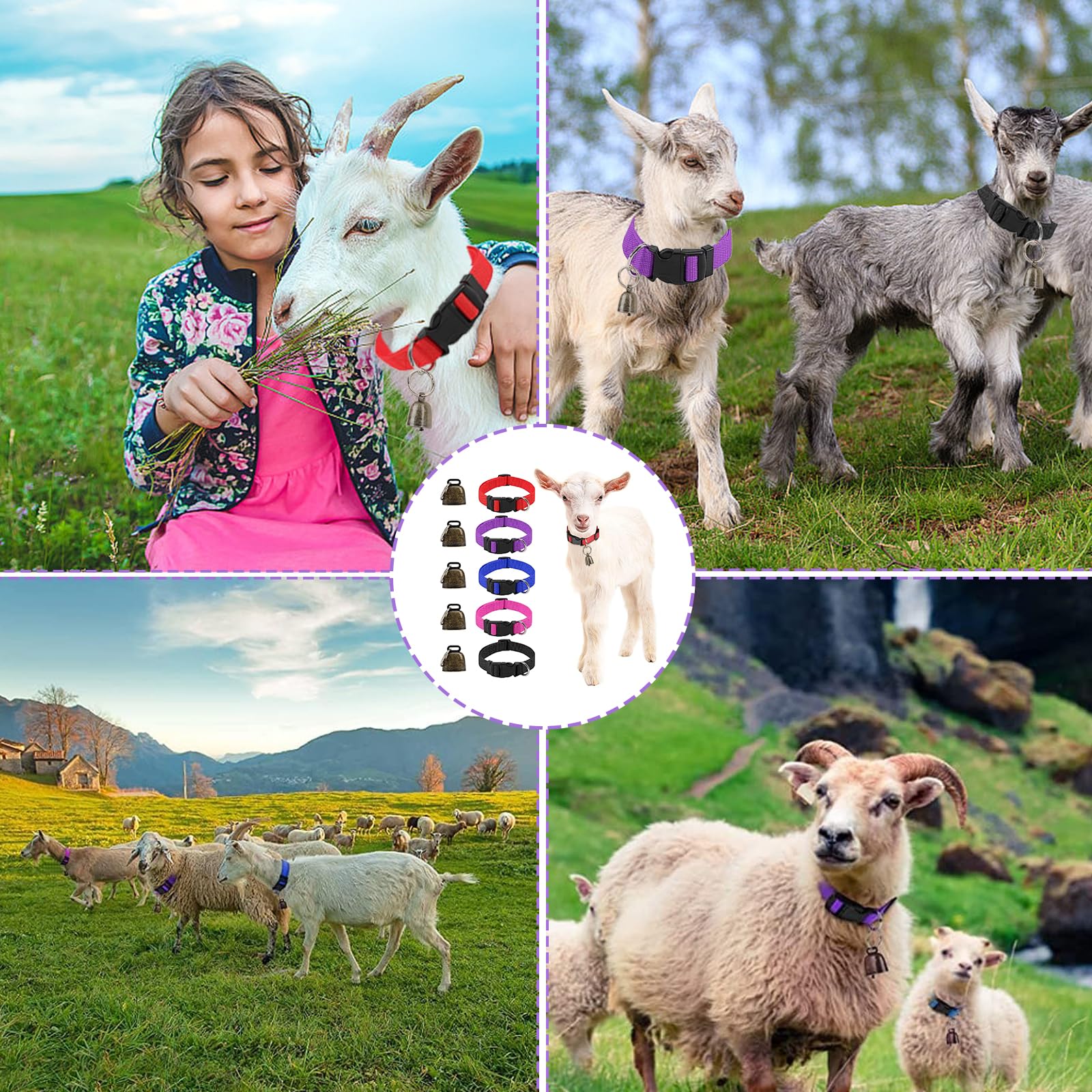 Funmo 5 collares de cabra, collar antipérdida de nylon ajustable para animales pequeños de granja, cabra y oveja con campana