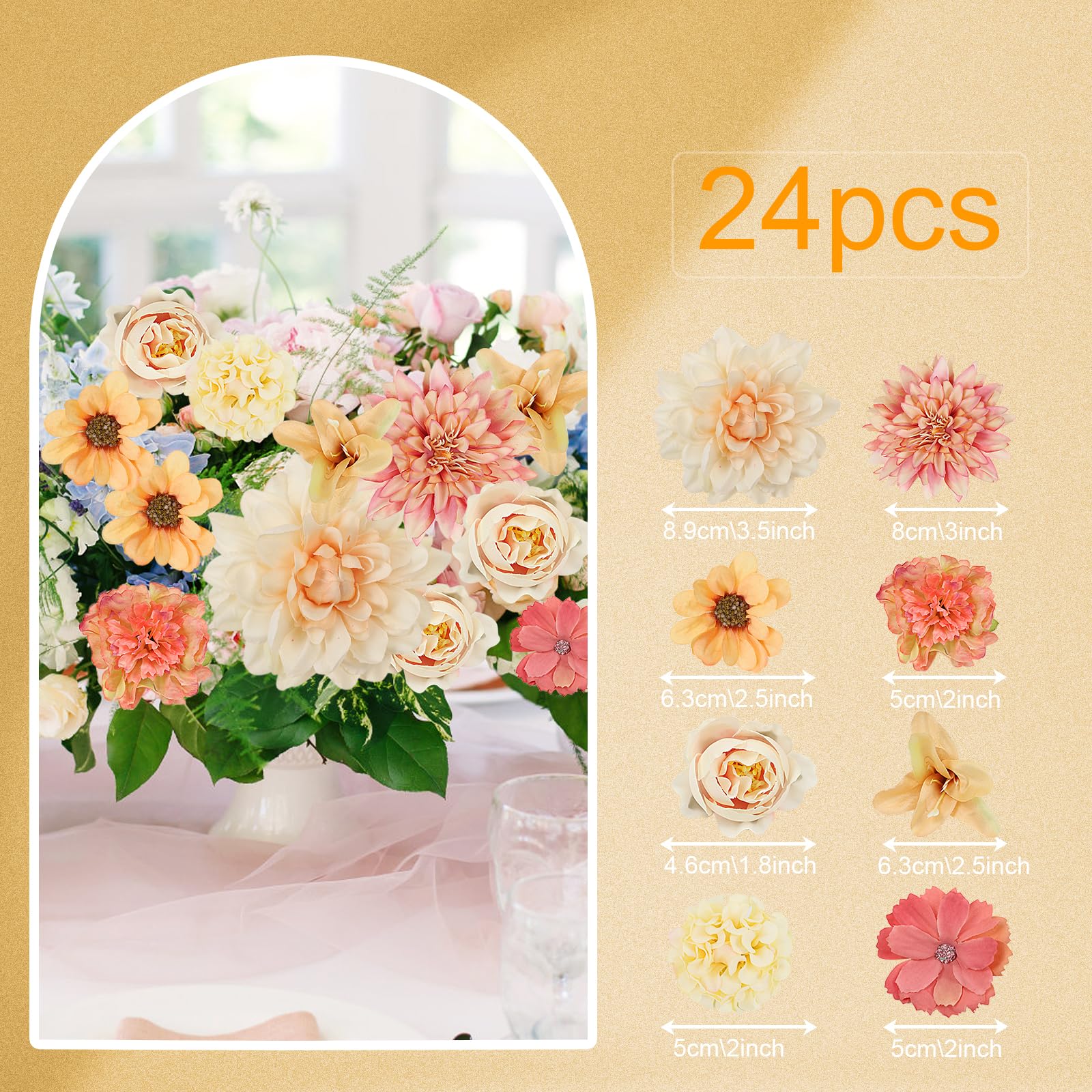 LARDUX 24 PCS Artificial Flower Heads-Craft Fake flower Decoration Mini Silk orange Flower Heads Bulk Mix for DIY Wedding Party Hair Accessory Scrapbooking Home Decor - Image 2