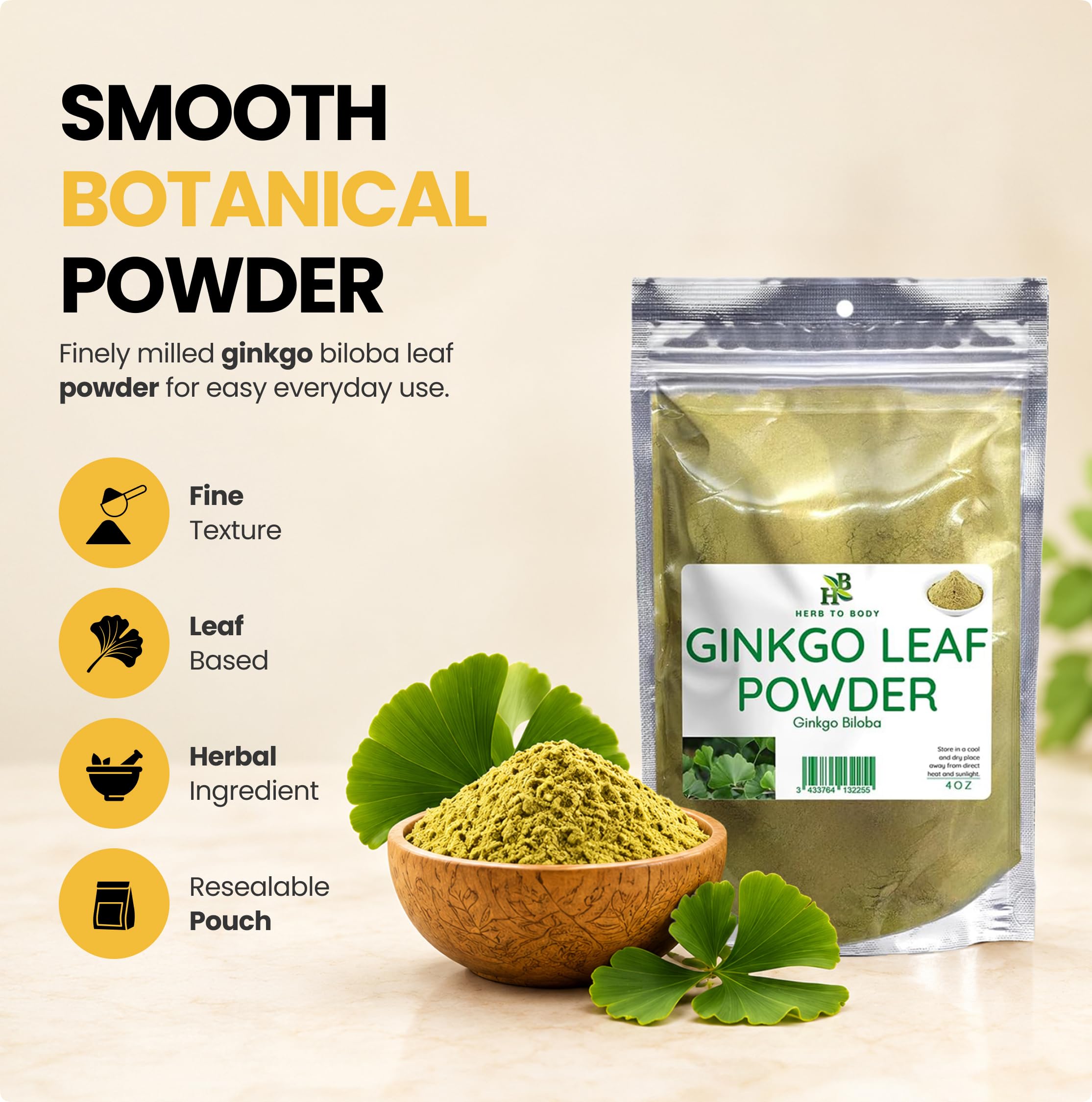 Herb To Body Ginkgo Leaf Powder – 4oz, Wildcrafted Ginkgo Biloba Organic Leaf Powder for Herbal Tea, Blends, and Traditional Botanical Preparations — Amazon image 2