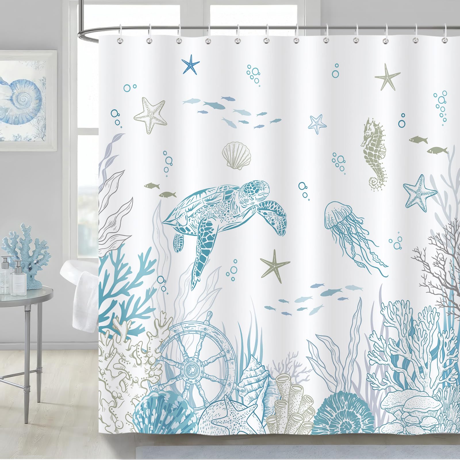 COZZSNUGE Coastal Turtle Shower Curtain, Blue Ocean Coral Starfish Seashell Nautical Beach Bathroom Curtain 180 x 180 cm, Water Repellent Mildew Resistant Polyester with 12 Hooks