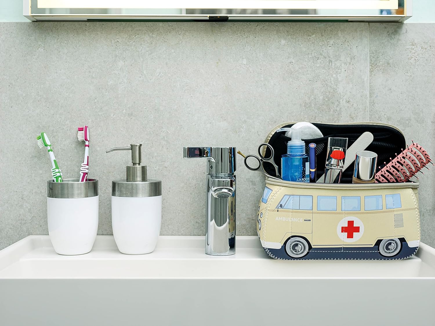 BRISA VW Collection - Volkswagen Neoprene Universal Makeup Cosmetics Toiletry Travel Pharmacy Bag in T1 Bus Design (Ambulance/Beige) (Small (9.1 x 4.3 x 3.1 inches)) - Image 5