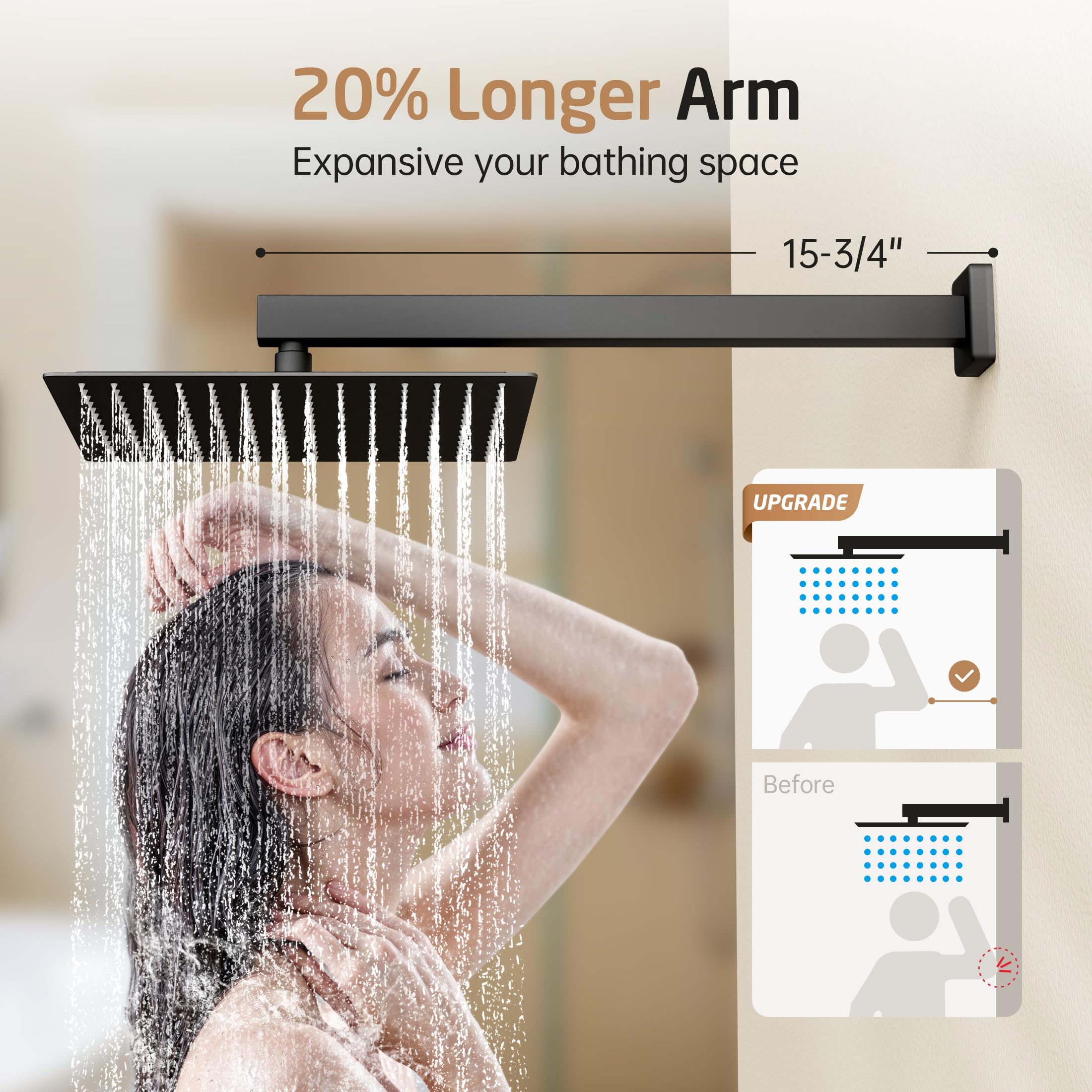 KES Unterputz Duscharmatur Set Schwarz Duschset Duschsystem 12 Zoll Duschkopf Regendusche mit Duschschlauch Handbrause Ventilkörper Hochdruck Dusche Armatur Set Wandmontage, X6230S12-BK