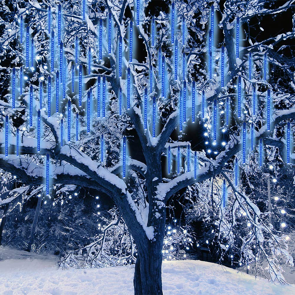 WED LED Meteor Shower Rain Lights,Icicle Cascading Light Waterproof 12 Inch 8 Tubes, Snow Falling Raindrop Decor for Wedding, X'Mas Tree in Bule White