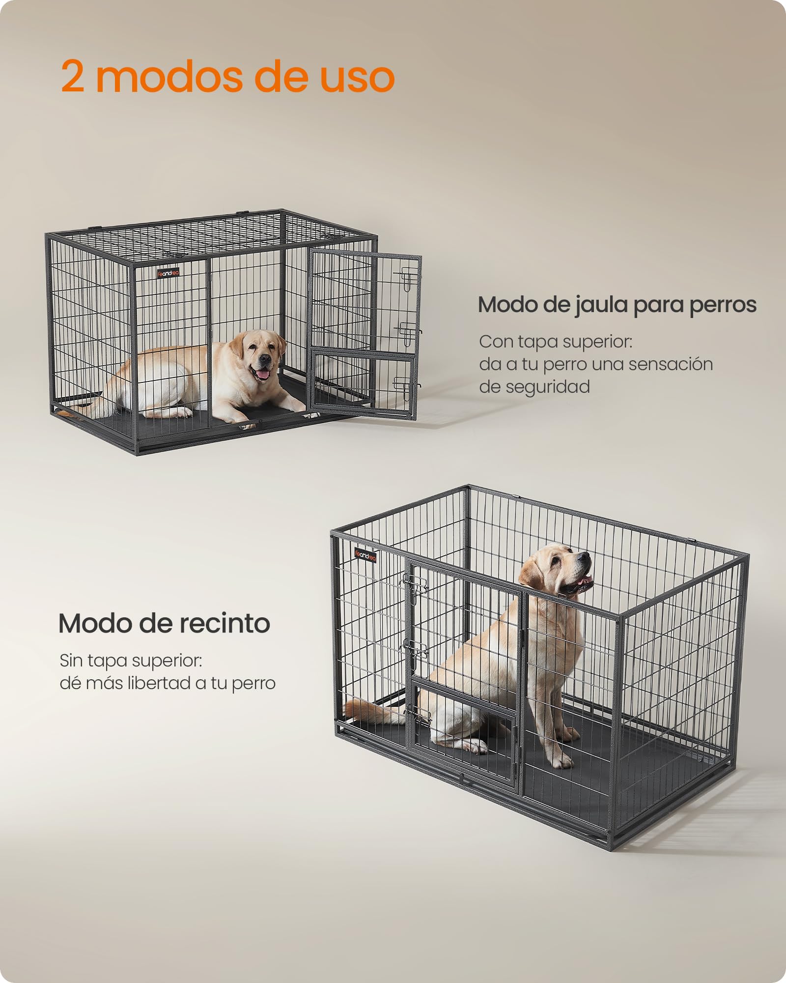 Feandrea Jaula Pesada para Perros, Jaula de Mascotas, 122 x 75,5 x 80,5 cm, para Perros Medios y Grandes, Antiescape, Doble Puerta Extraíble, Parque, XXL, Gris PPD003G01