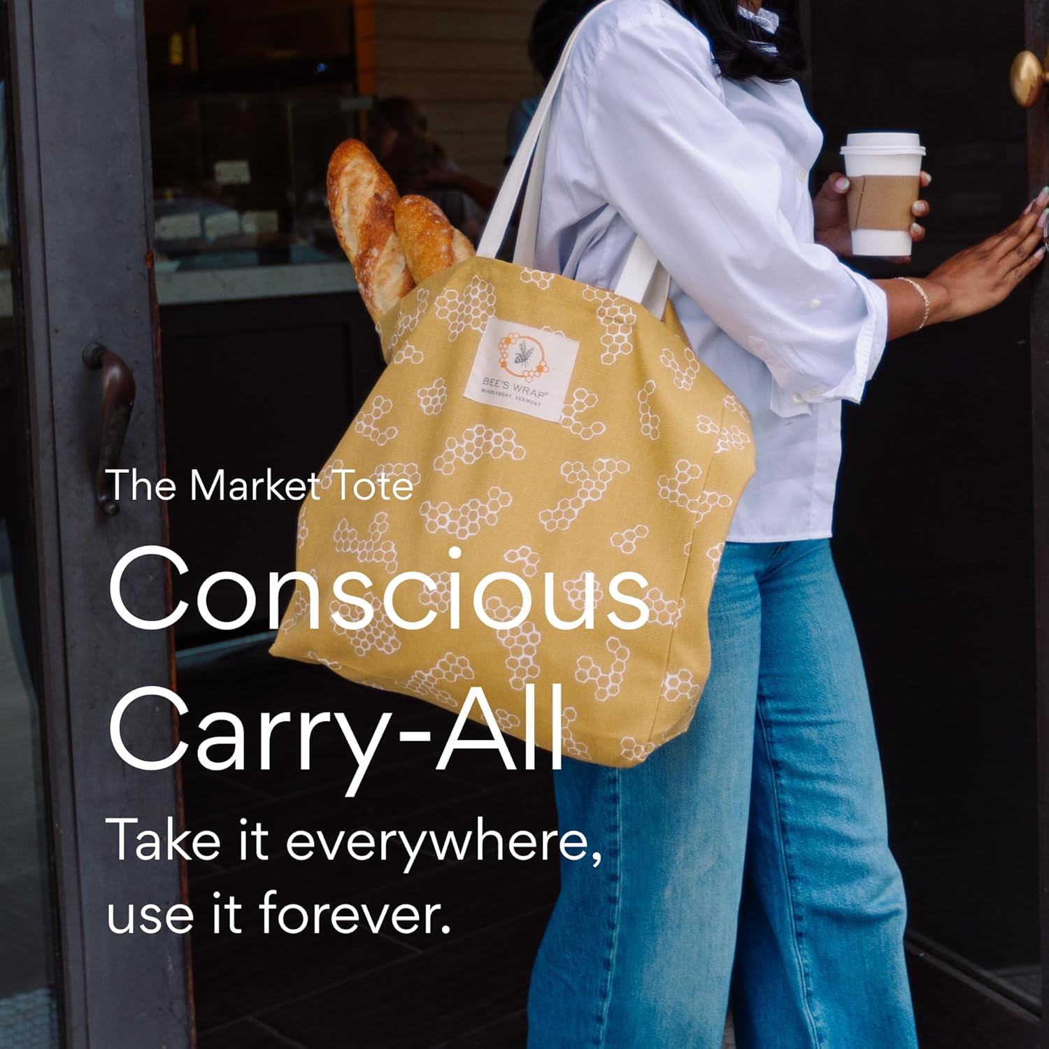 Bee's Wrap Market Tote Bag (Pack of 2) - Durable Organic Cotton - Extra Large Reusable Grocery Bags - Tote Bags with Pockets and Straps - Yellow Honeycomb Pattern - Image 8