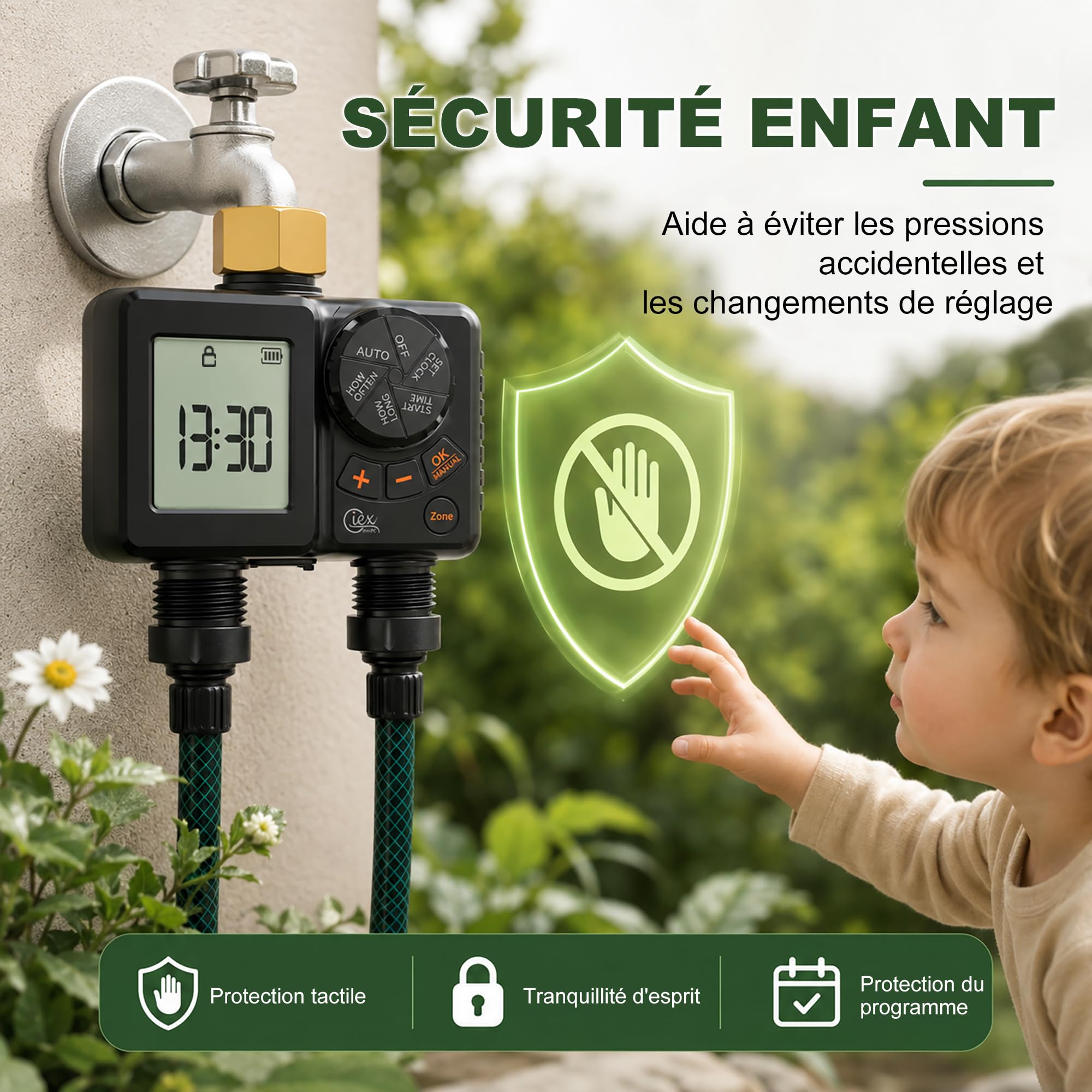 GIEX Ordinateur d'arrosage 2 voies, minuterie d'arrosage rechargeable 2 zones avec connecteur en laiton, minuterie d'eau programmable avec IP66, retard de pluie et irrigation manuelle pour jardin