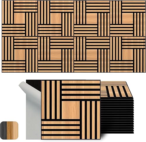 Miniatura 32 de WoveN SounD Paneles de pared acústicos artesanales, paquete de 16 unidades de 12 x 12 pulgadas, chapa de madera tallada a prueba de sonido, Patrón