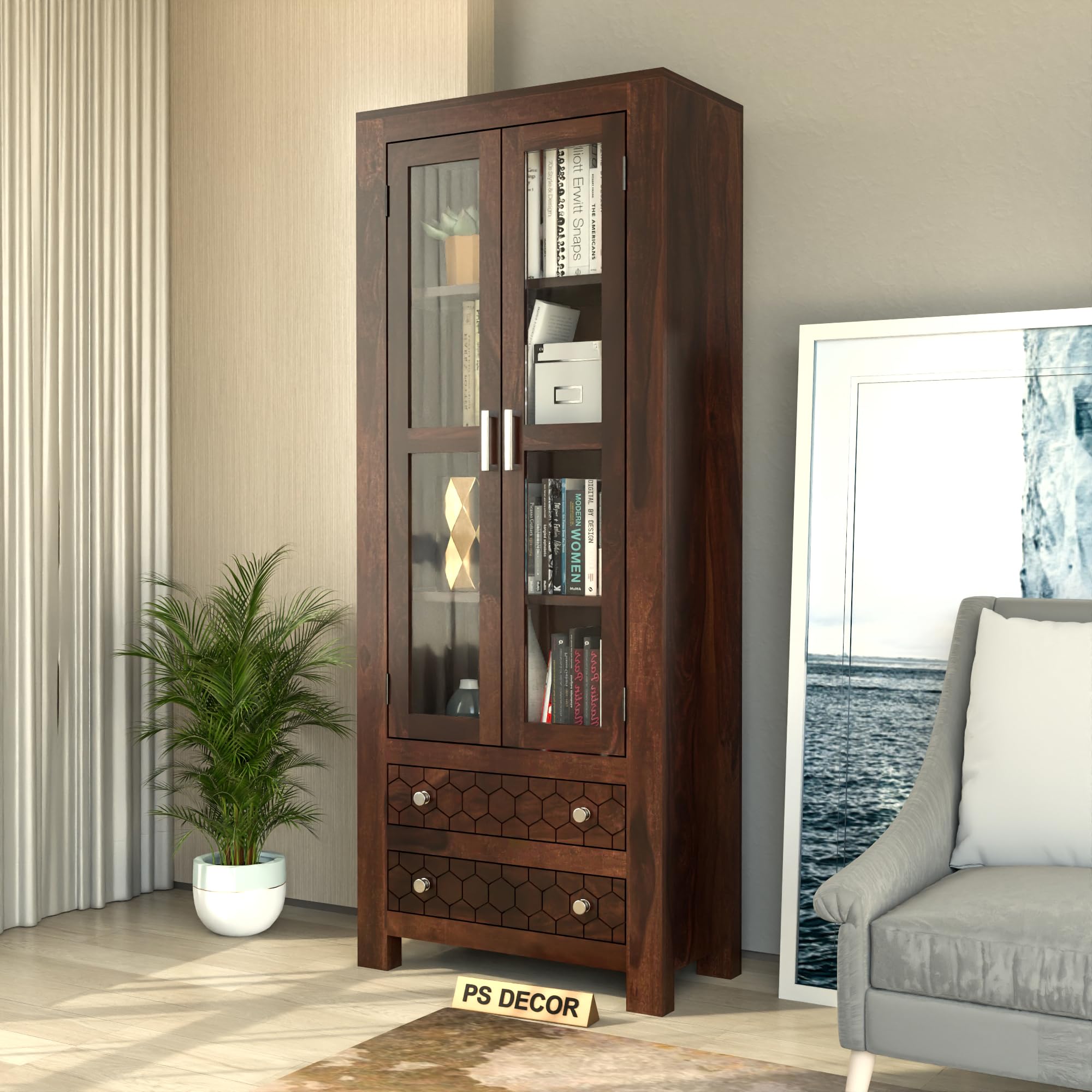 PS DECOR Sheesham Wood Bookshelf with Glass Door for Home Library Solid Wood Bookcase Wooden Crockery Cabinet for Kitchen Book Shelf (Walnut Finish)