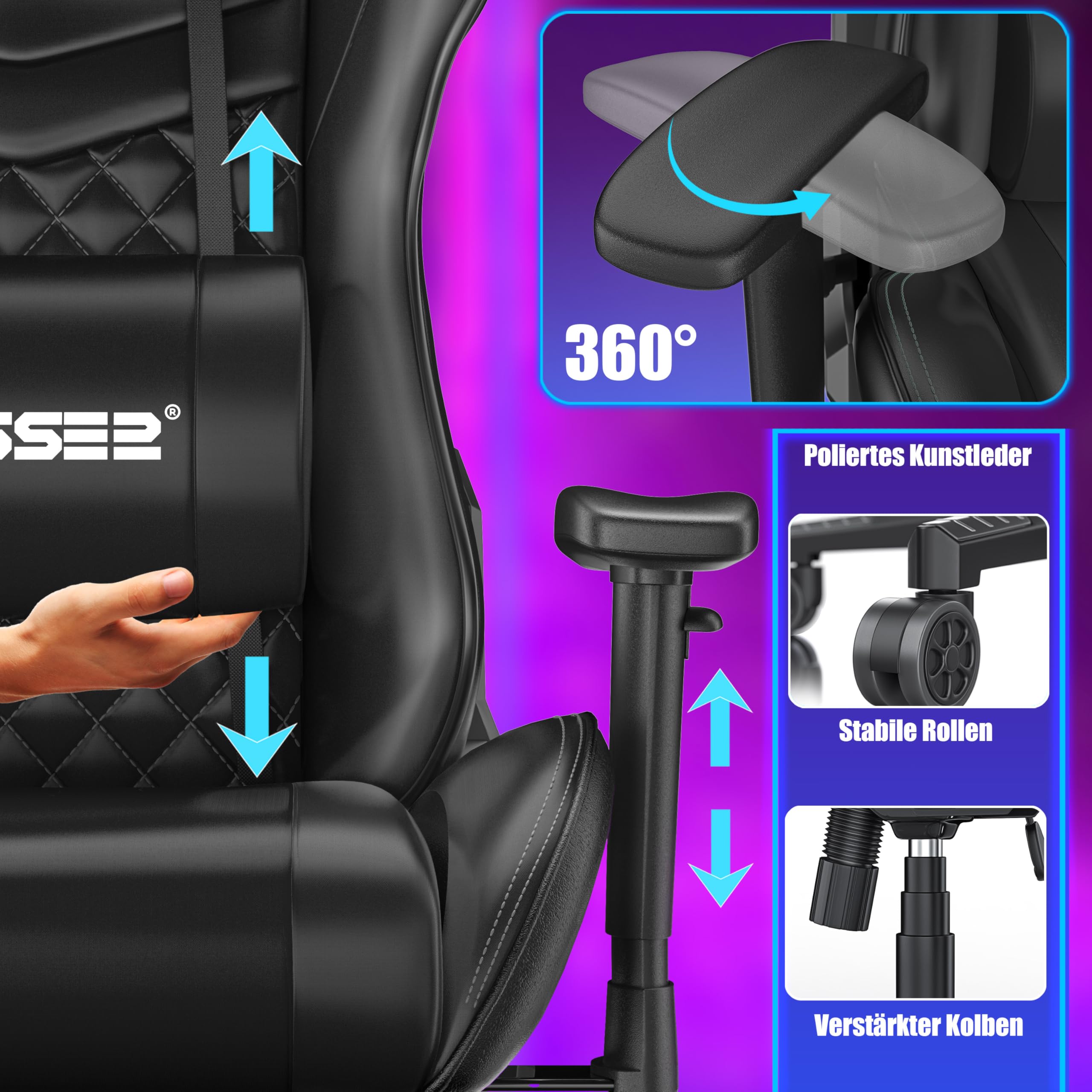 KESSER® Gamingstuhl Ergonomisch Gaming Stuhl Bürostuhl mit Kopfstütze & Lendenkissen | Racing Gamer Stuhl 150kg belastbar | Armlehne 360° | Drehbarer Schreibtischstuhl Gaming Chair + Gummi-Rollen